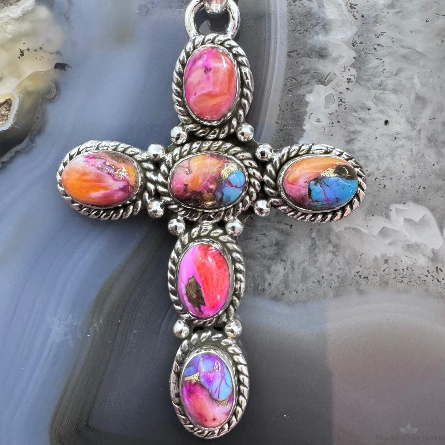 Sterling Silver Southwestern Style 6 Oval Mohave Dahlia Cross Pendant For Women