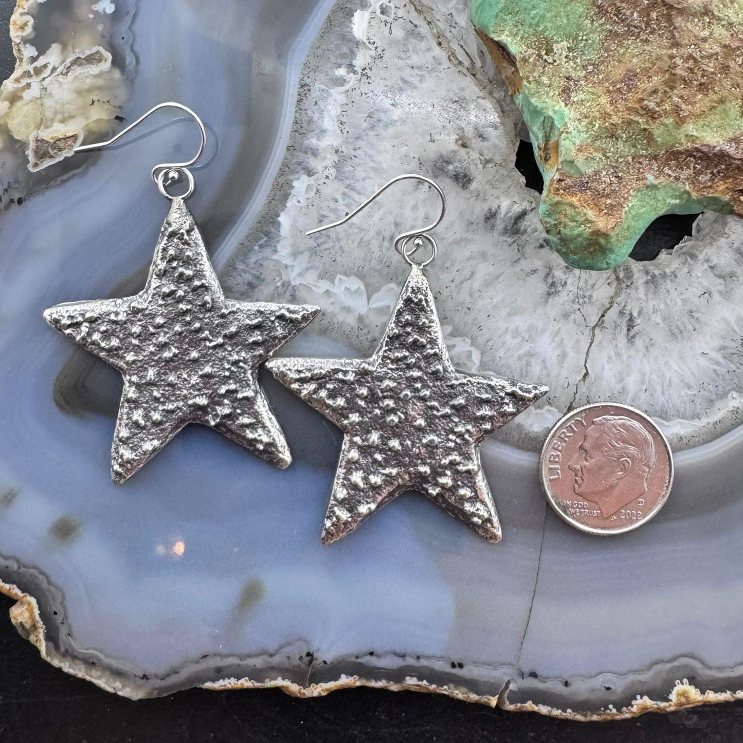 Cheyenne Custer Sterling Silver Tufa Cast Stars Dangle Earrings For Women