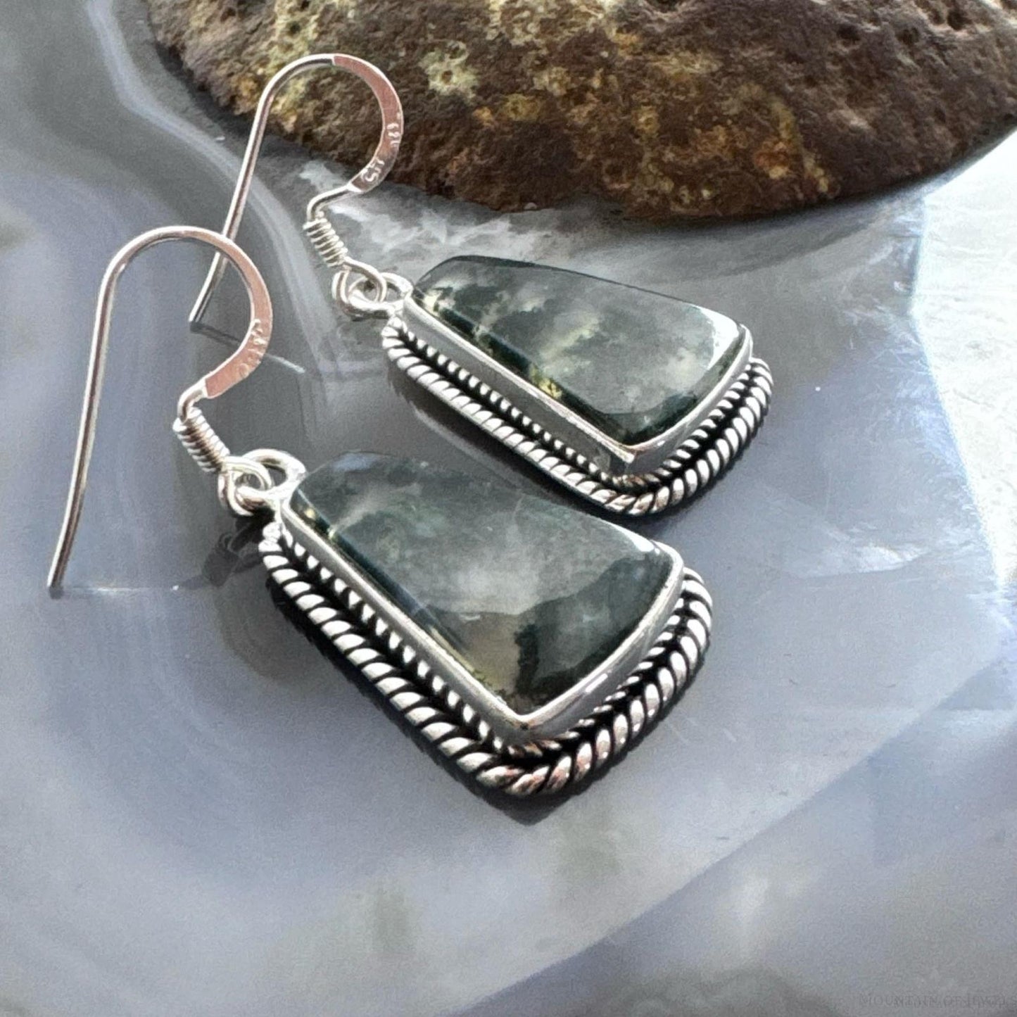 Sterling Silver Southwestern Style Trapezoid Moss Agate Dangle Earrings For Women