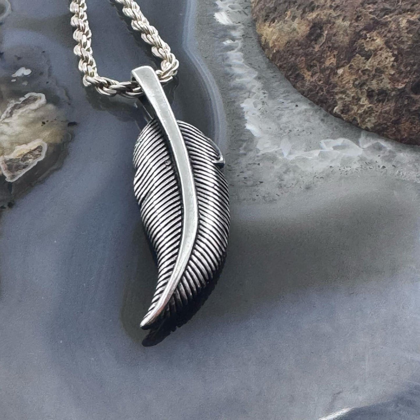 Sterling Silver Southwestern Style Engraved Feather Unisex Pendant