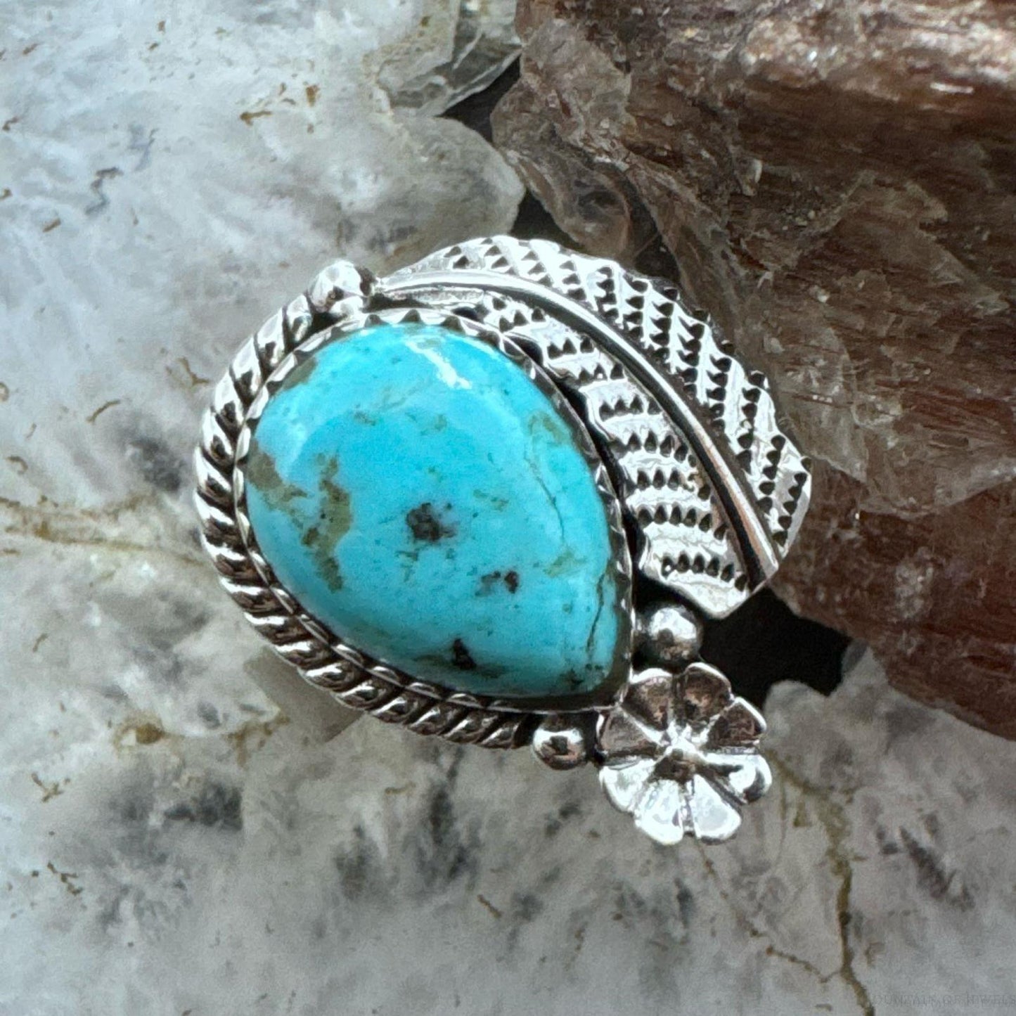 Sterling Silver Southwestern Style Teardrop Turquoise Decorated Adjustable Ring For Women