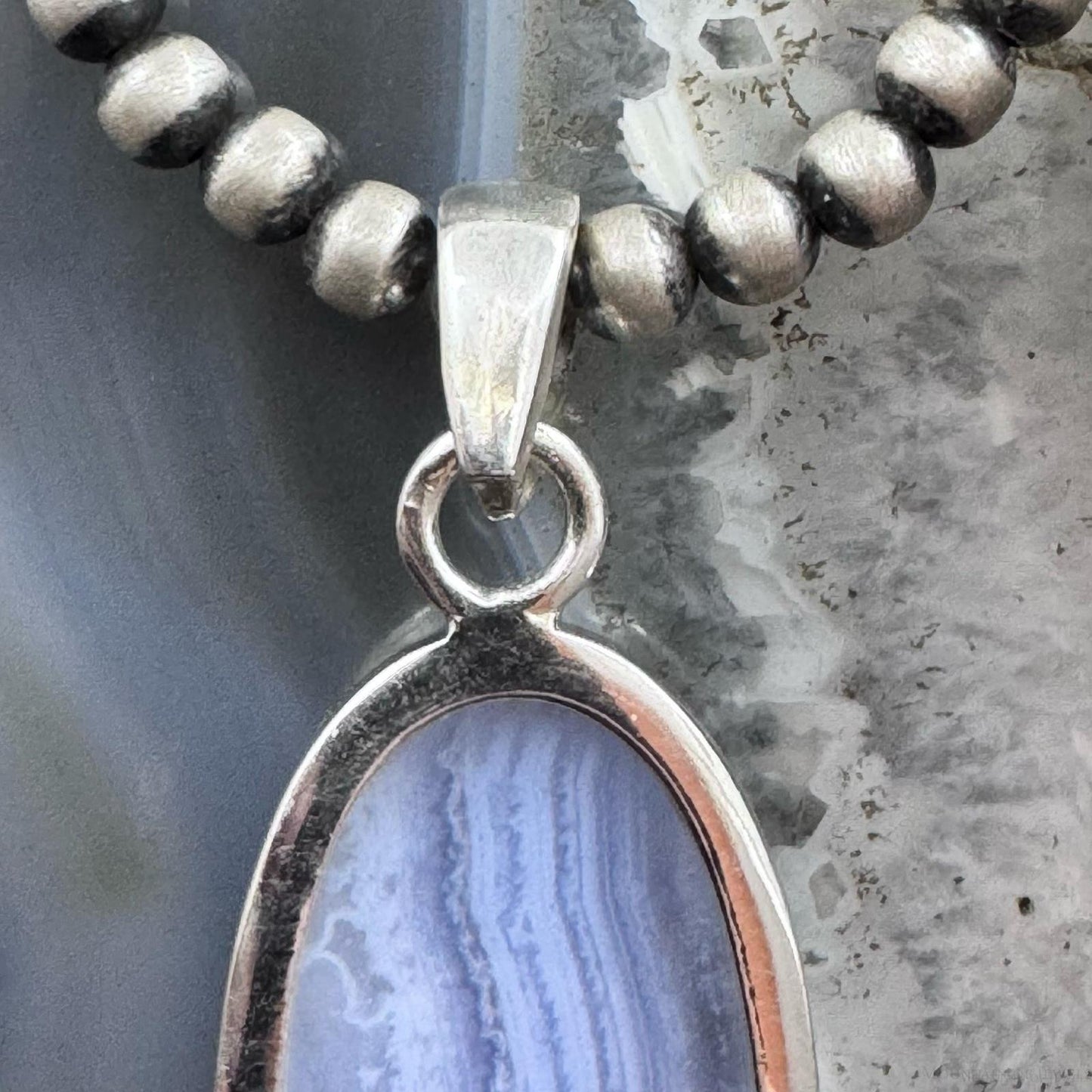 Sterling Silver Southwestern Style Elongated Oval Blue Lace Agate Pendant For Women