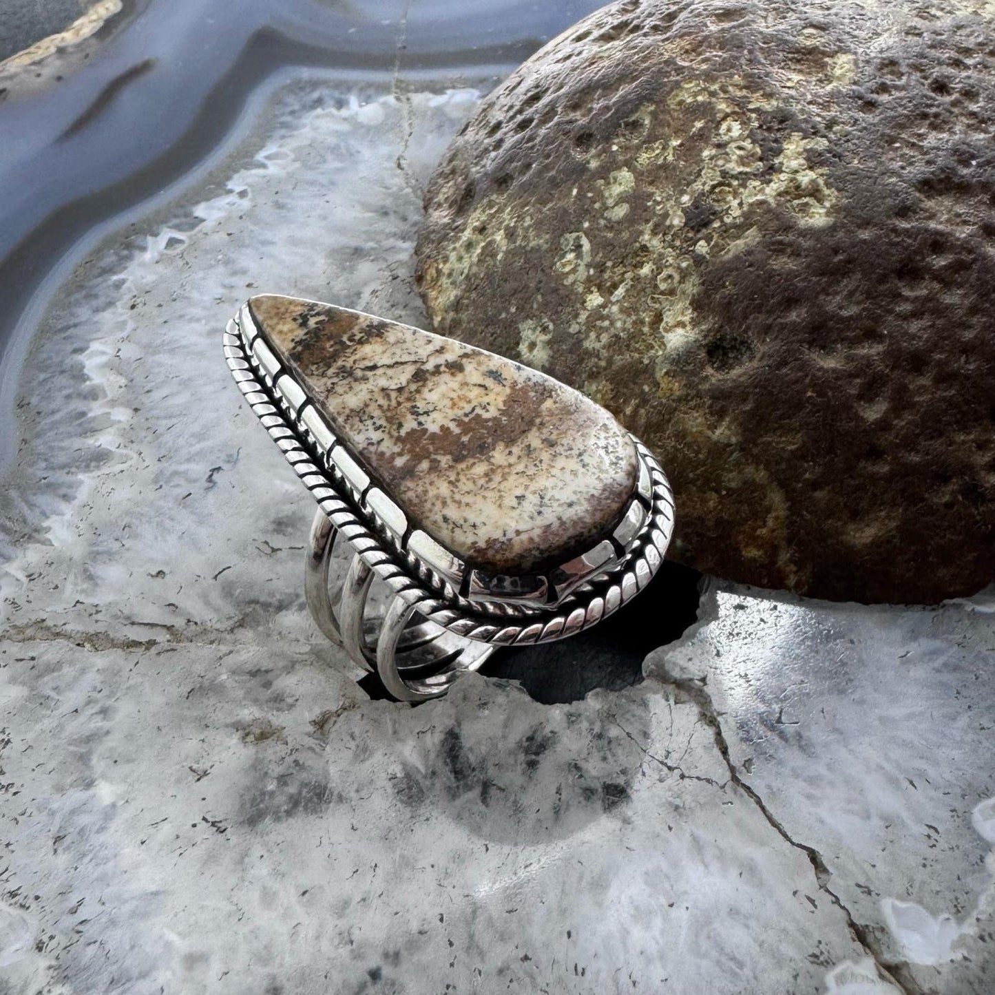 Sterling Silver Southwestern Style Teardrop Picture Jasper Ring Size 8 For Women