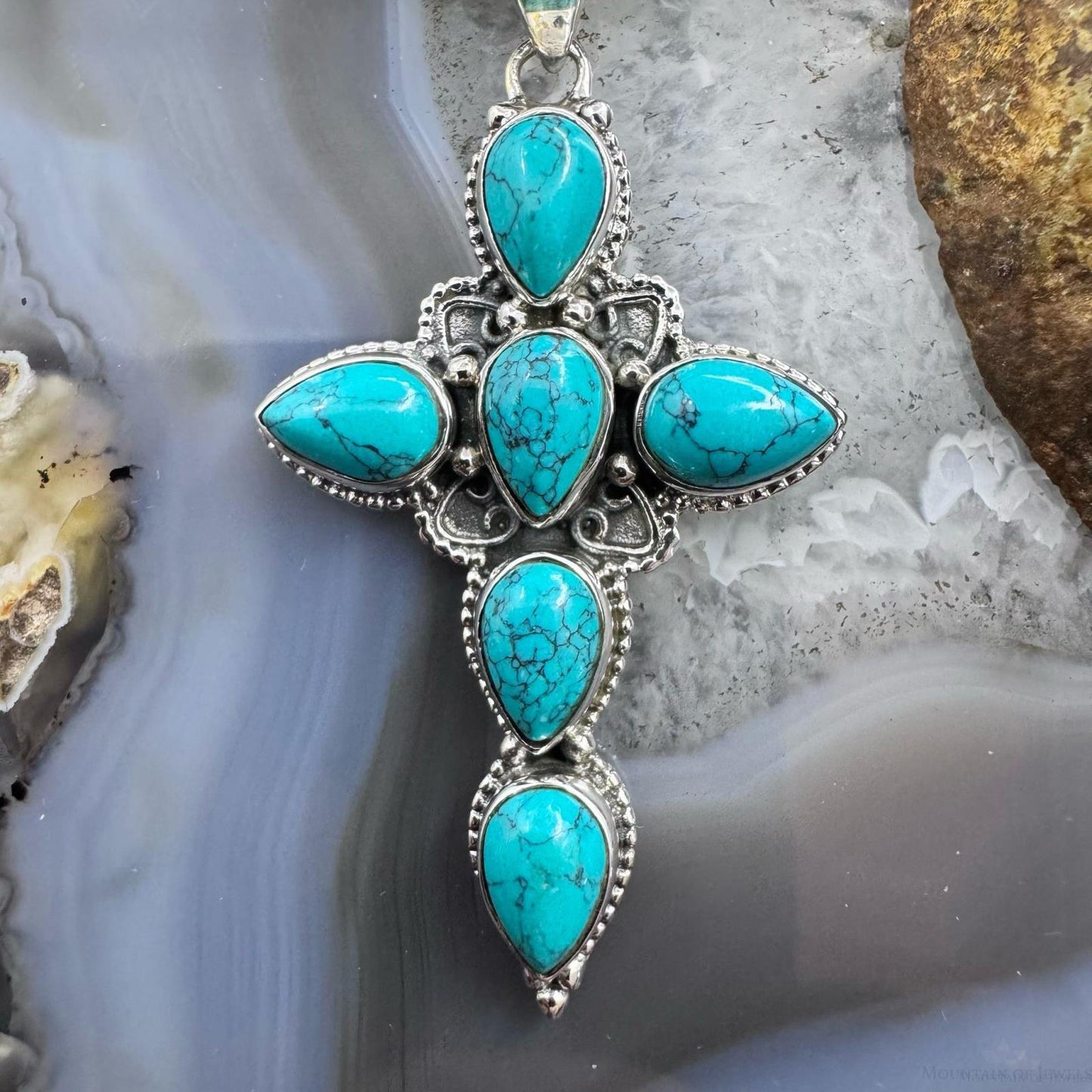 Sterling Silver Southwestern Style Blue Howlite Cross Pendant For Women