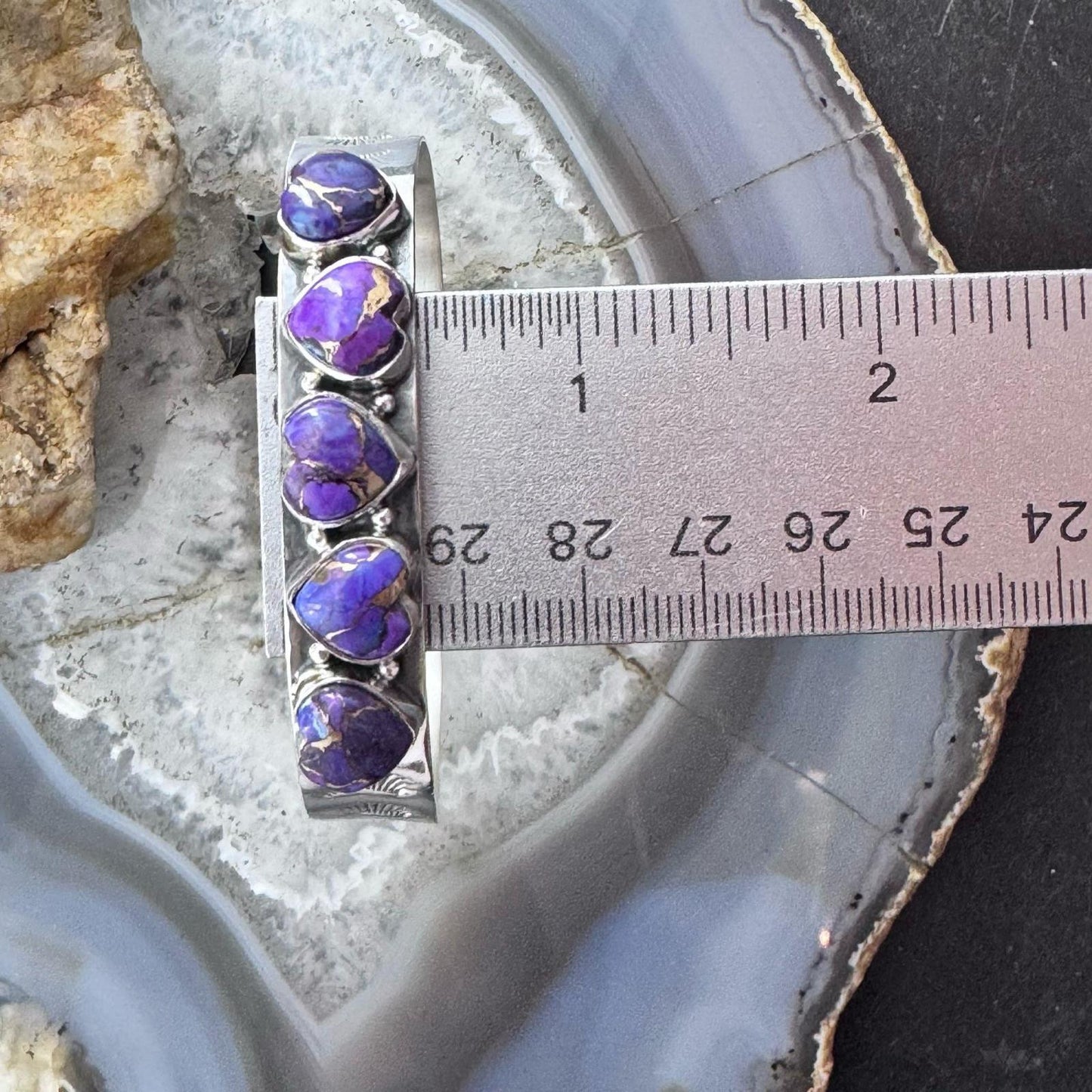 Sterling Silver Southwestern Style 5 Purple Dahlia Heart Single Row Bracelet For Women