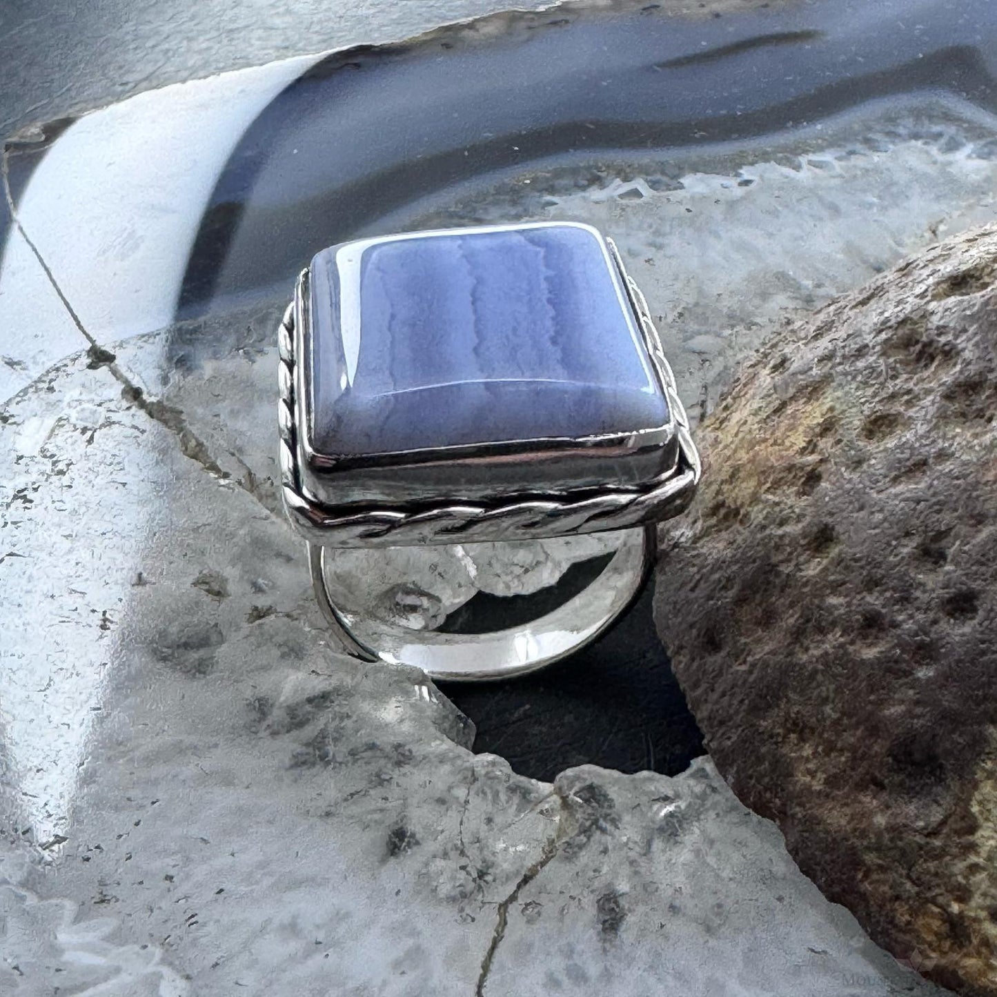 Sterling Silver Southwestern Style Blue Lace Agate Bar Ring Size 8 For Women