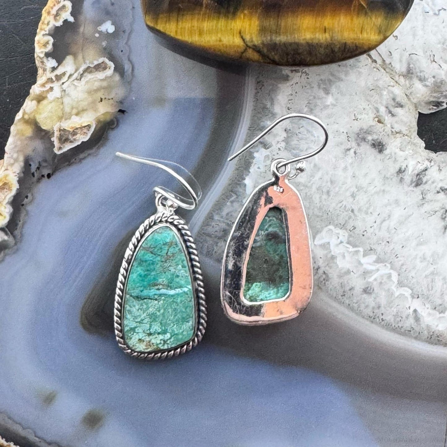 Sterling Silver Southwestern Style Green Shattuckite Dangle Earrings For Women