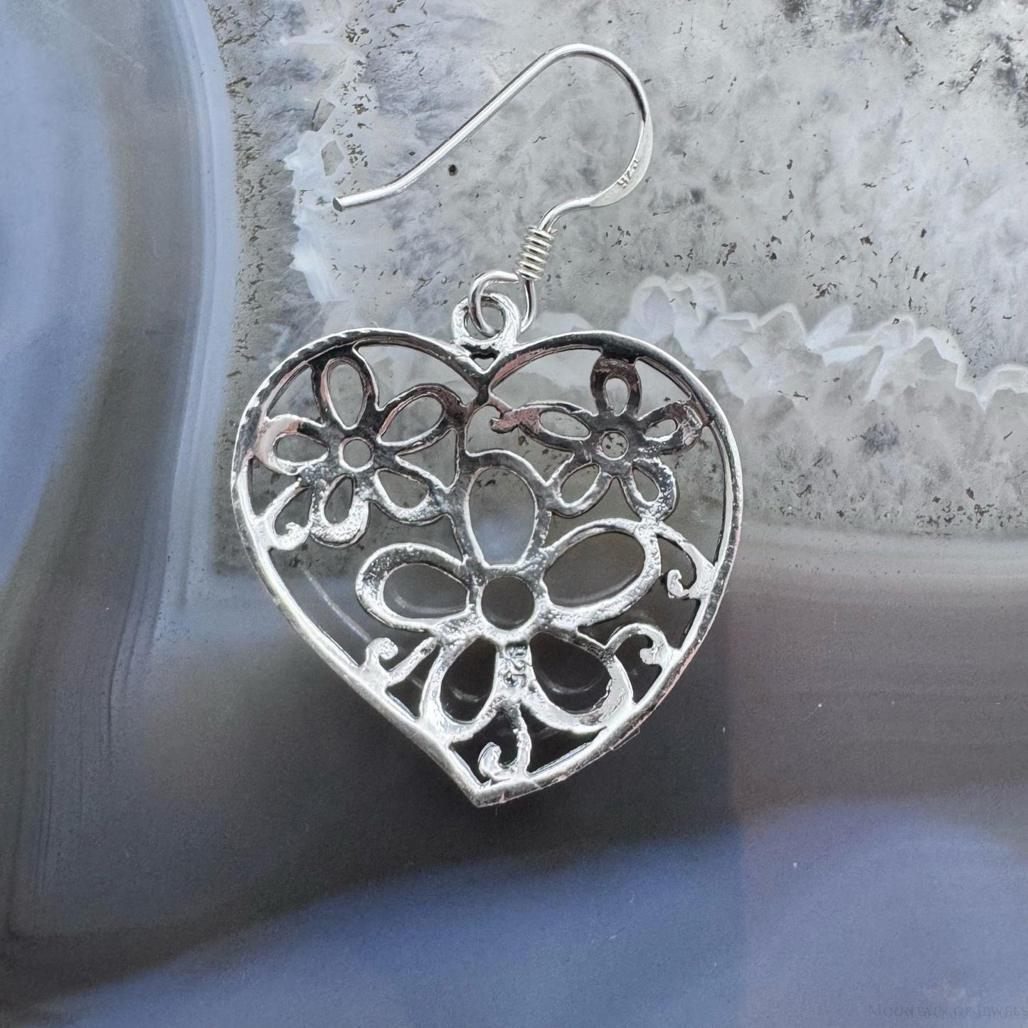Sterling Silver Heart Flower Dangle Earrings For Women