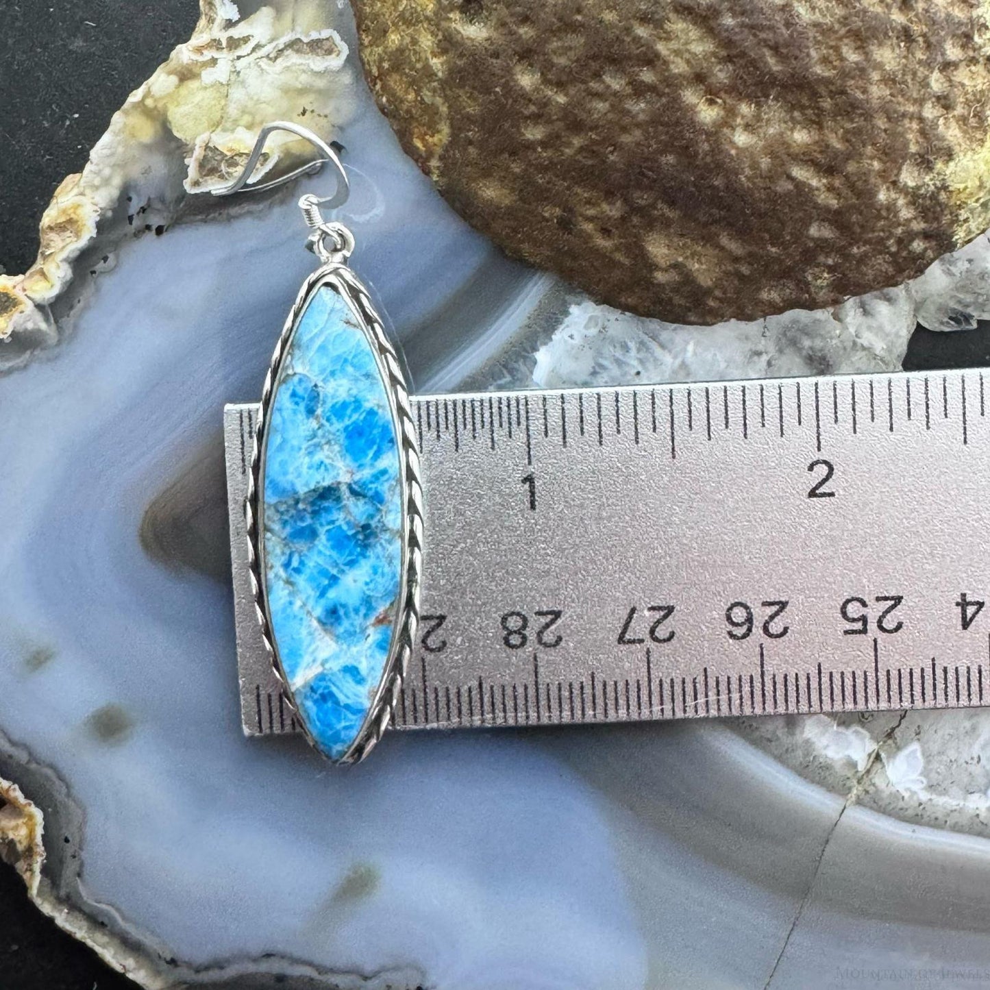 Sterling Silver Southwestern Style Elongated Marquise Blue Apatite Dangle Earrings For Women