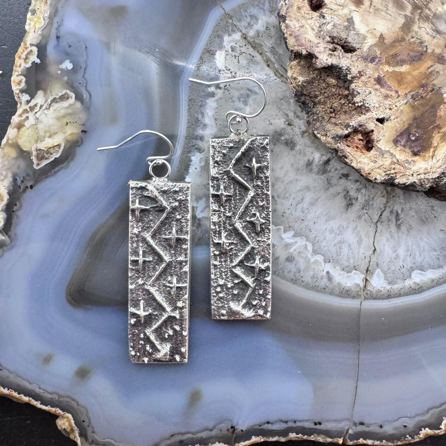 Cheyenne Custer Sterling Silver Tufa Cast Rectangle Dangle Earrings For Women