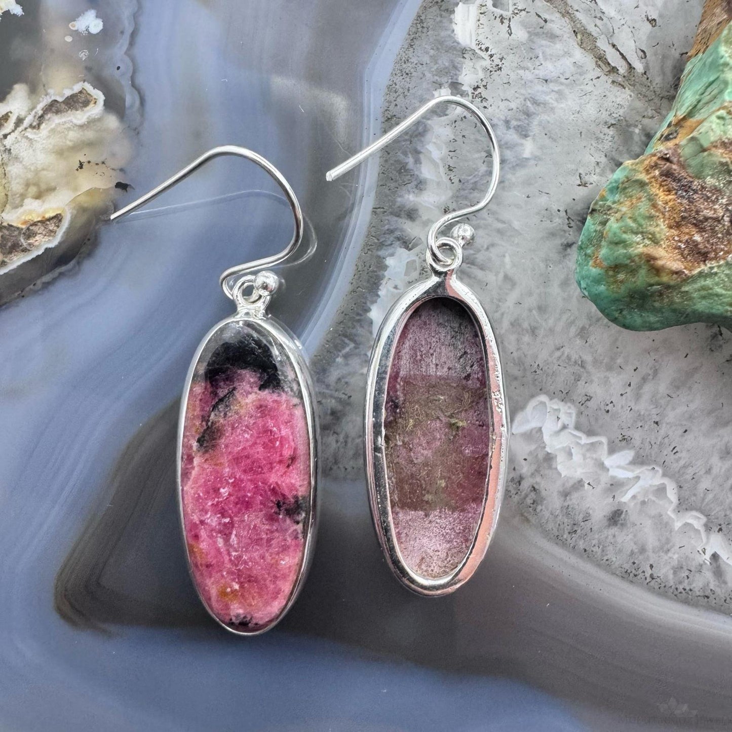 Sterling Silver Southwestern Style Oval Rhodonite Dangle Earrings For Women