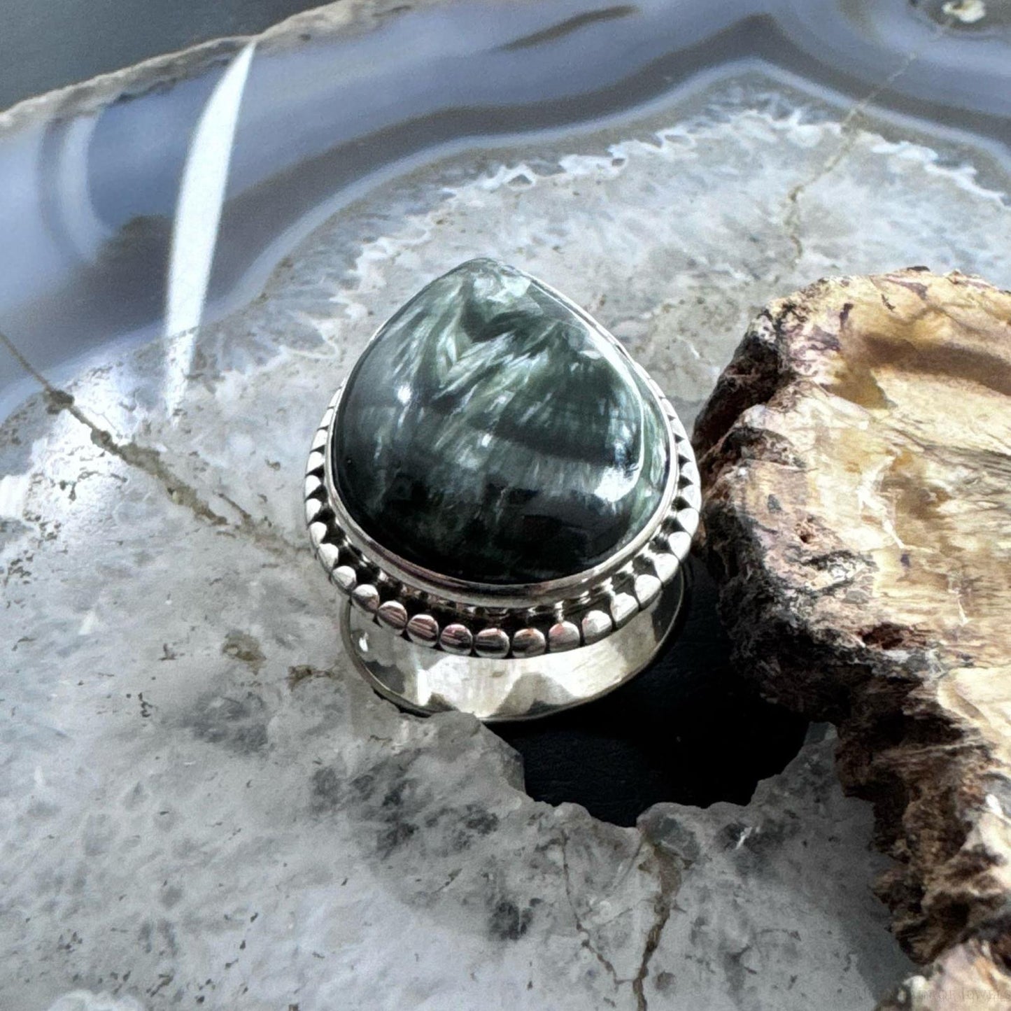 Sterling Silver Southwestern Style Teardrop Seraphinite Ring Size 9 For Women