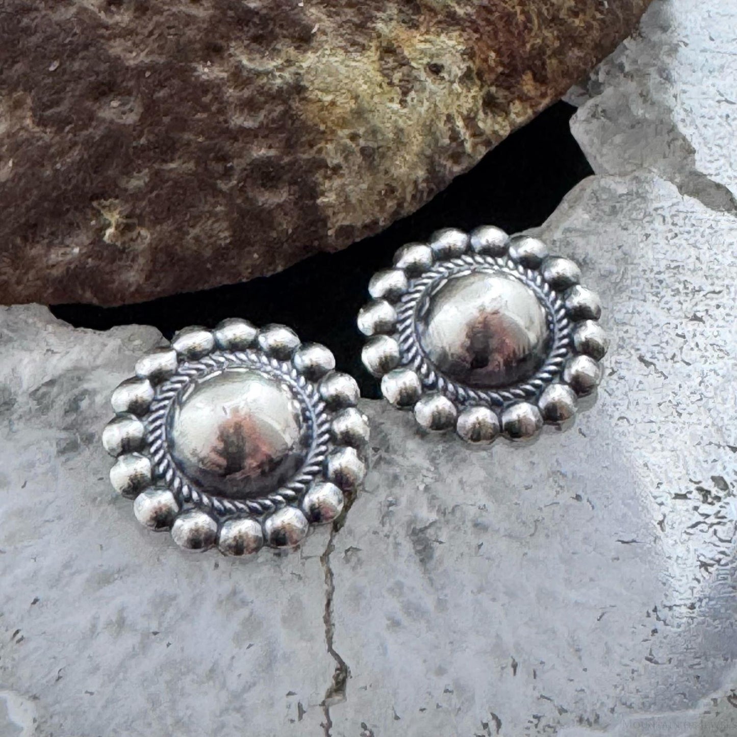 Native American Sterling Silver Stamped Rounded Concho Repousse Post Earrings