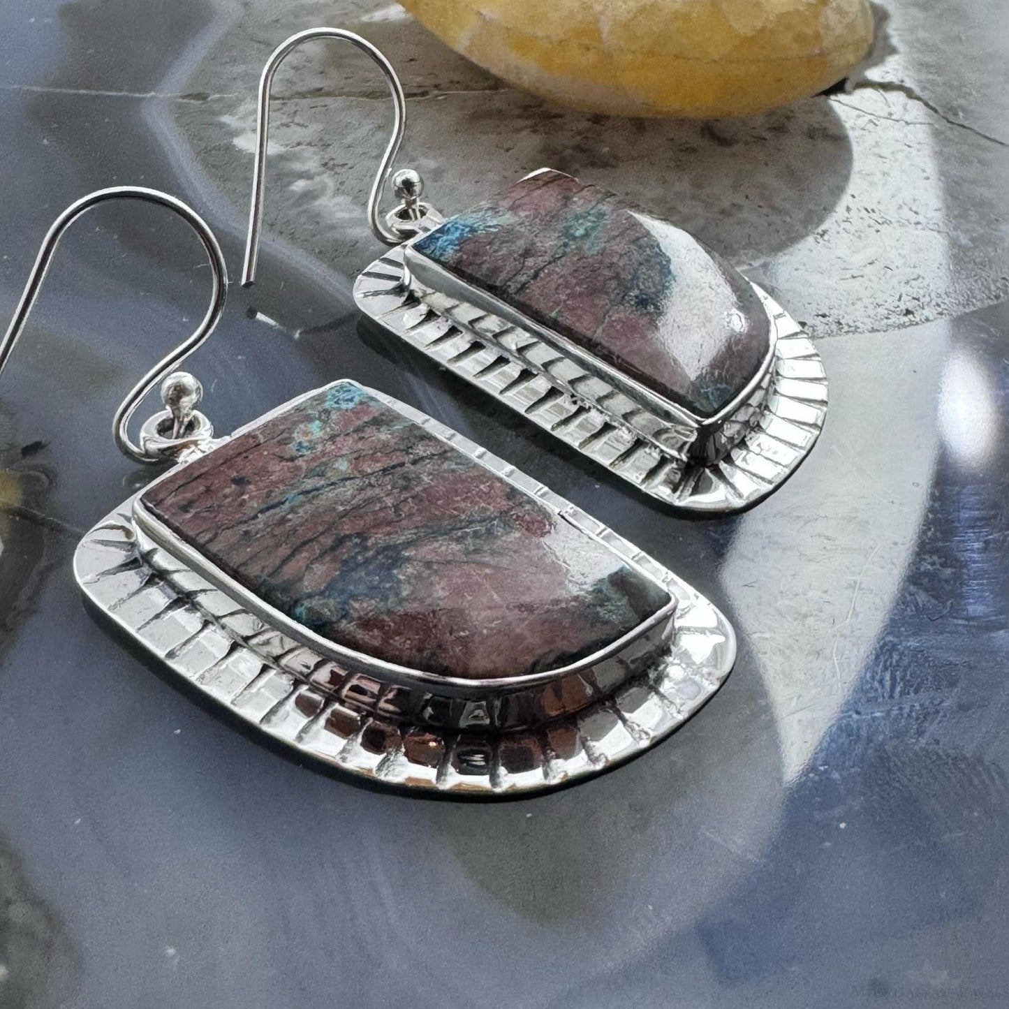 Sterling Silver Southwestern Style Shattuckite Decorated Dangle Earrings For Women