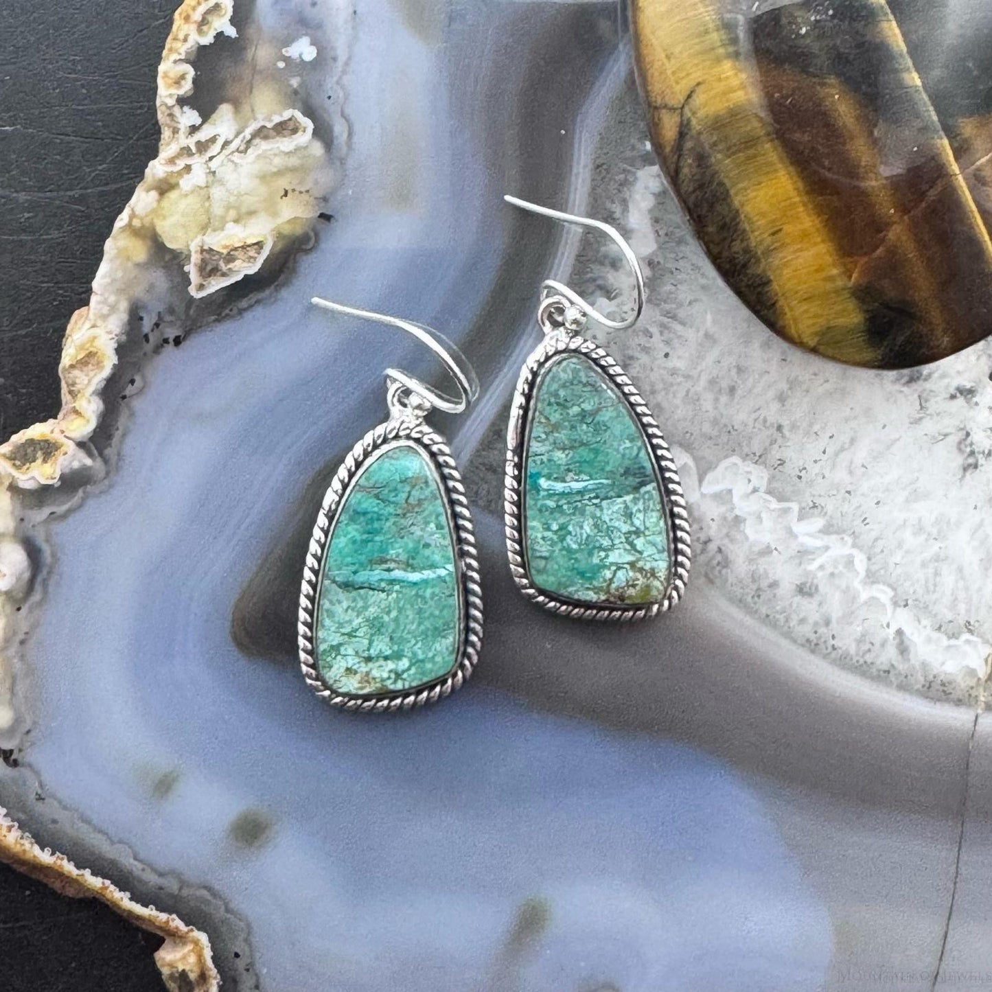 Sterling Silver Southwestern Style Green Shattuckite Dangle Earrings For Women