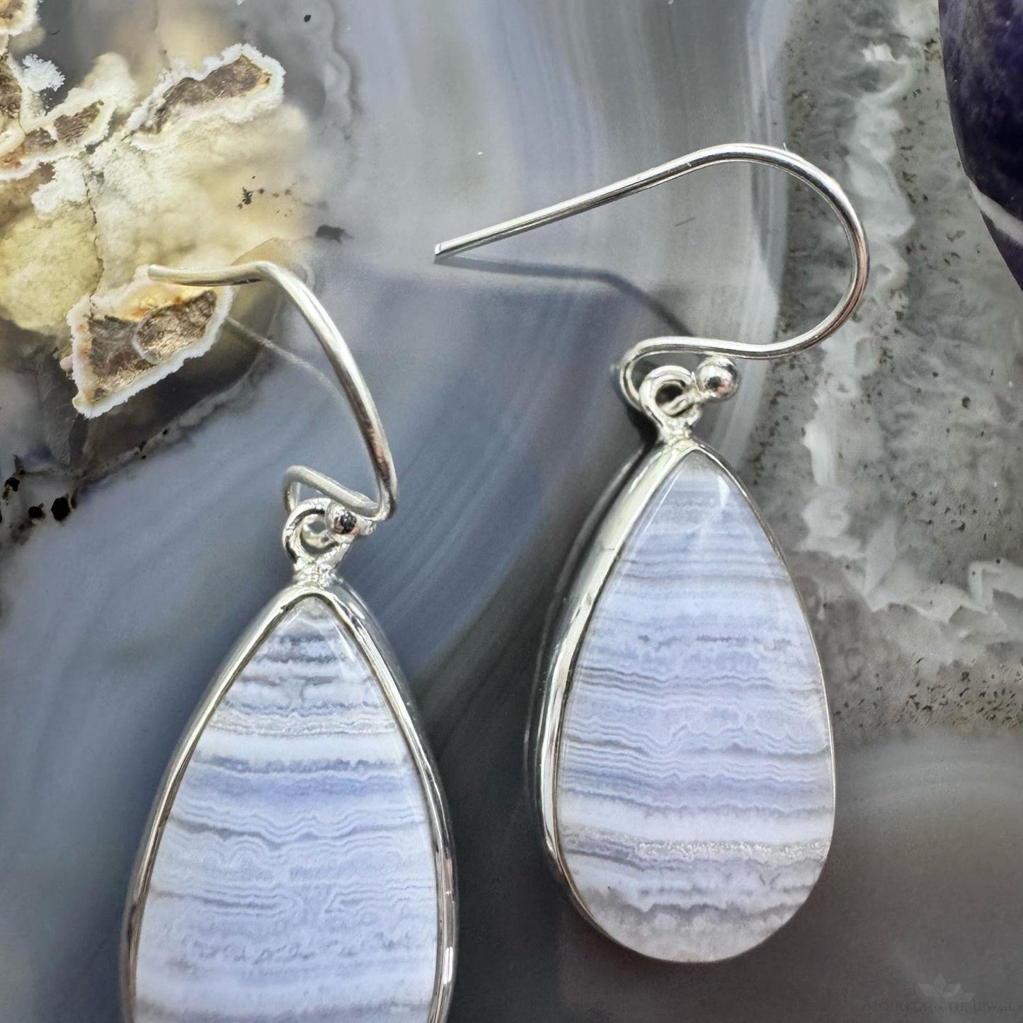 Sterling Silver Southwestern Style Teardrop Blue Lace Agate Dangle Earrings For Women