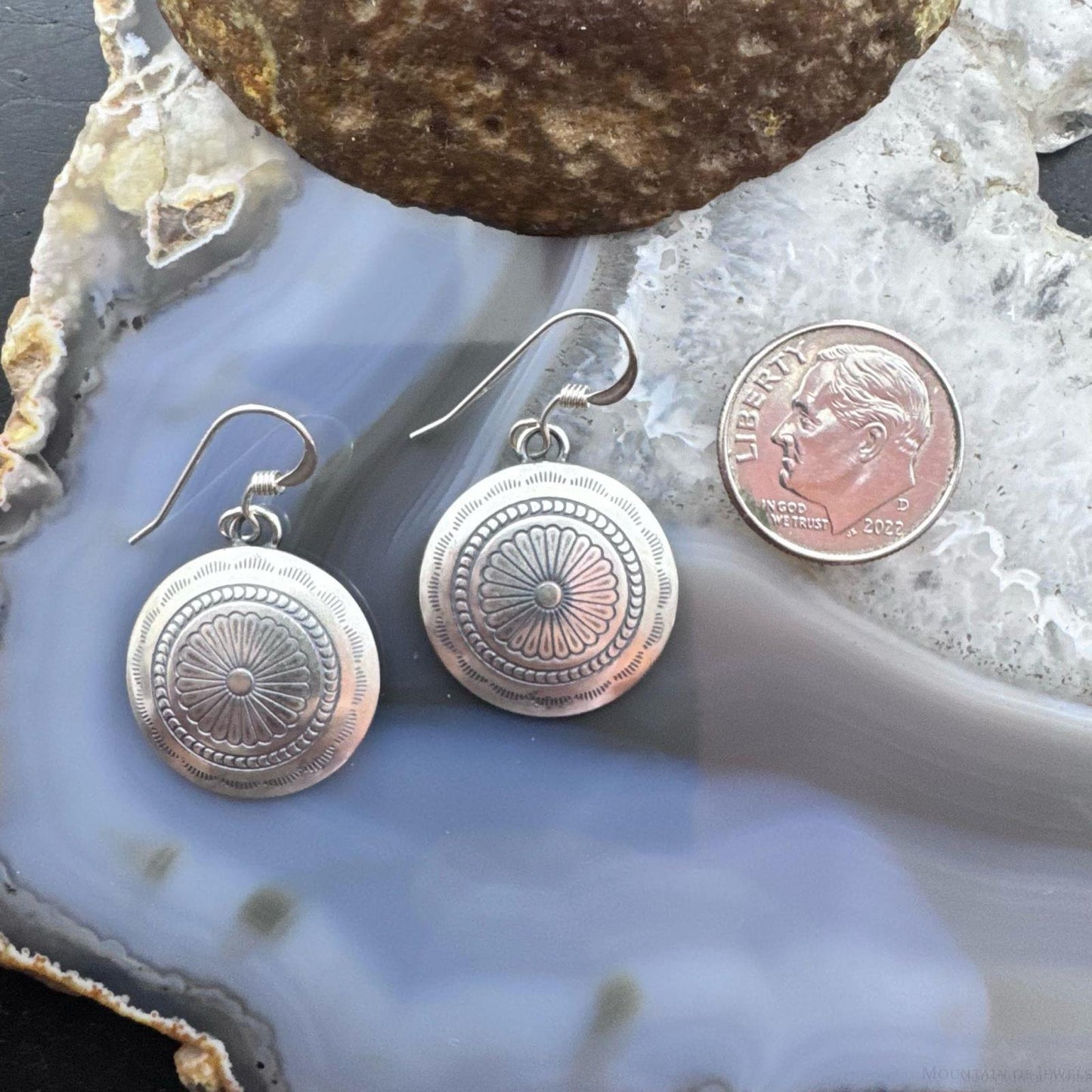 Native American Sterling Silver Stamped Rounded Concho Dangle Earrings For Women