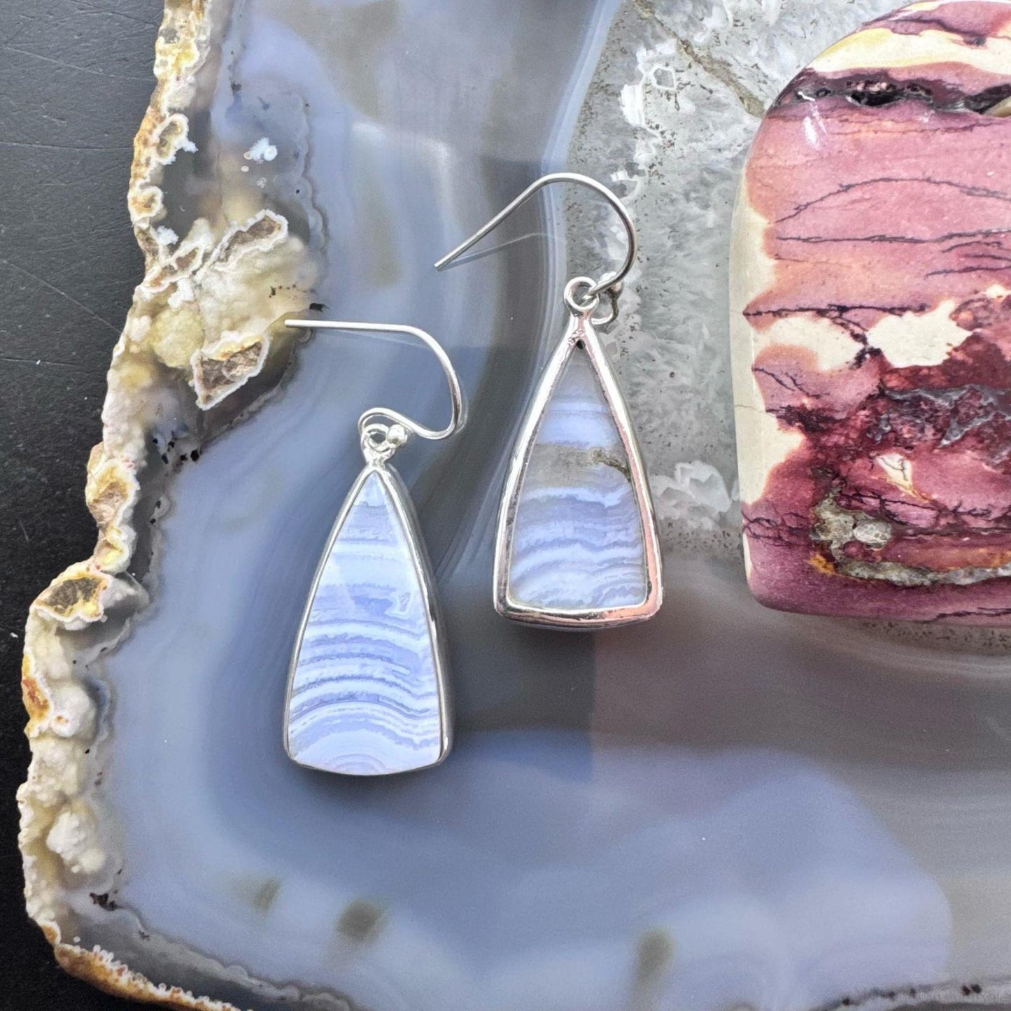 Sterling Silver Southwestern Style Triangle Blue Lace Agate Dangle Earrings For Women