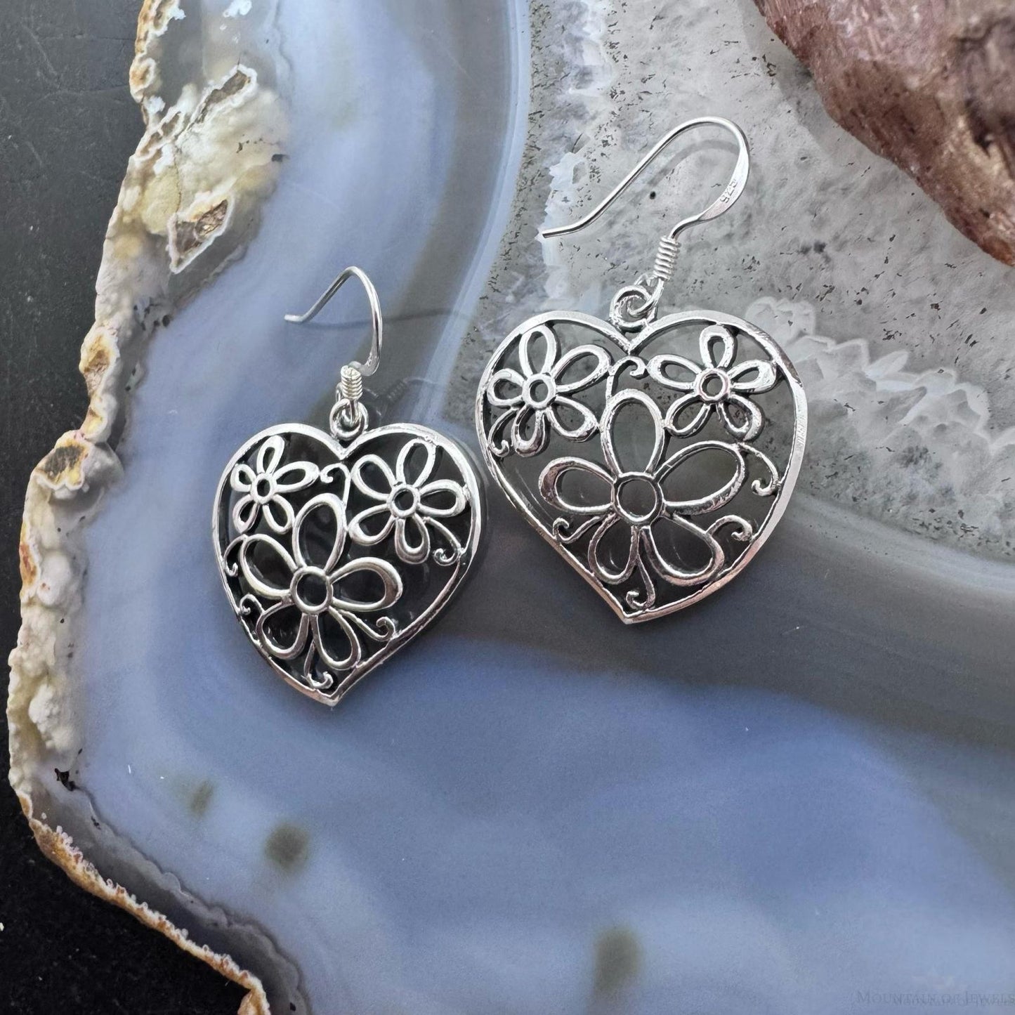 Sterling Silver Heart Flower Dangle Earrings For Women