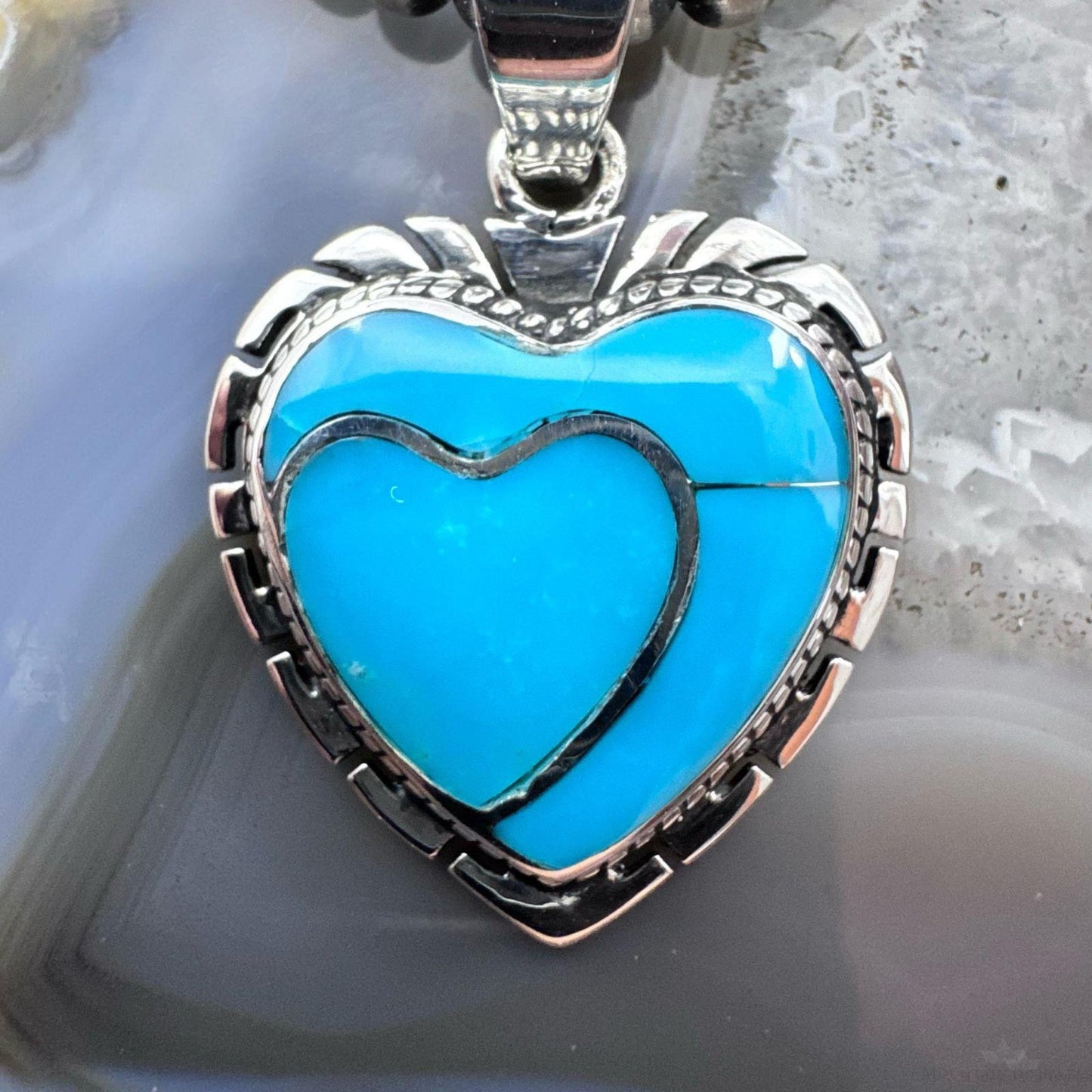 Native American Sterling Silver Kingman Turquoise Decorated Double Heart Pendant For Women
