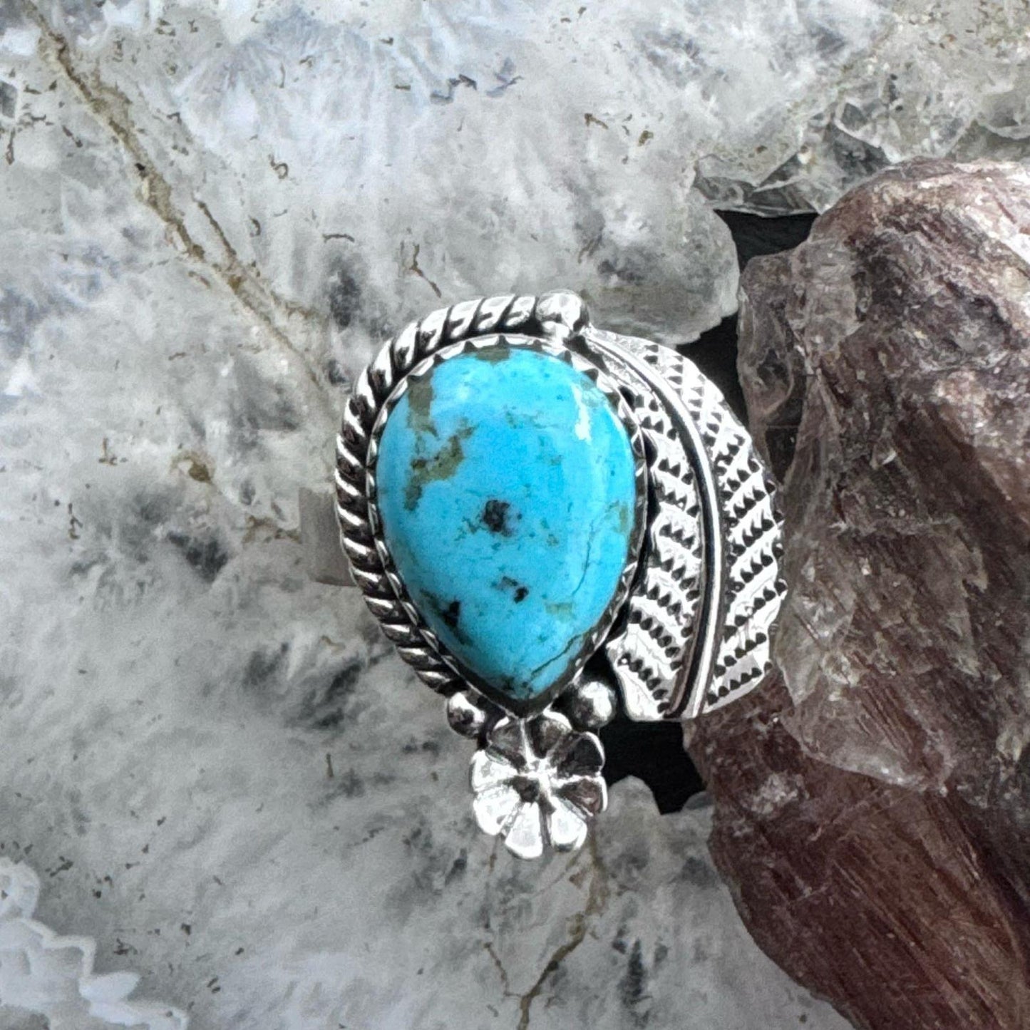 Sterling Silver Southwestern Style Teardrop Turquoise Decorated Adjustable Ring For Women