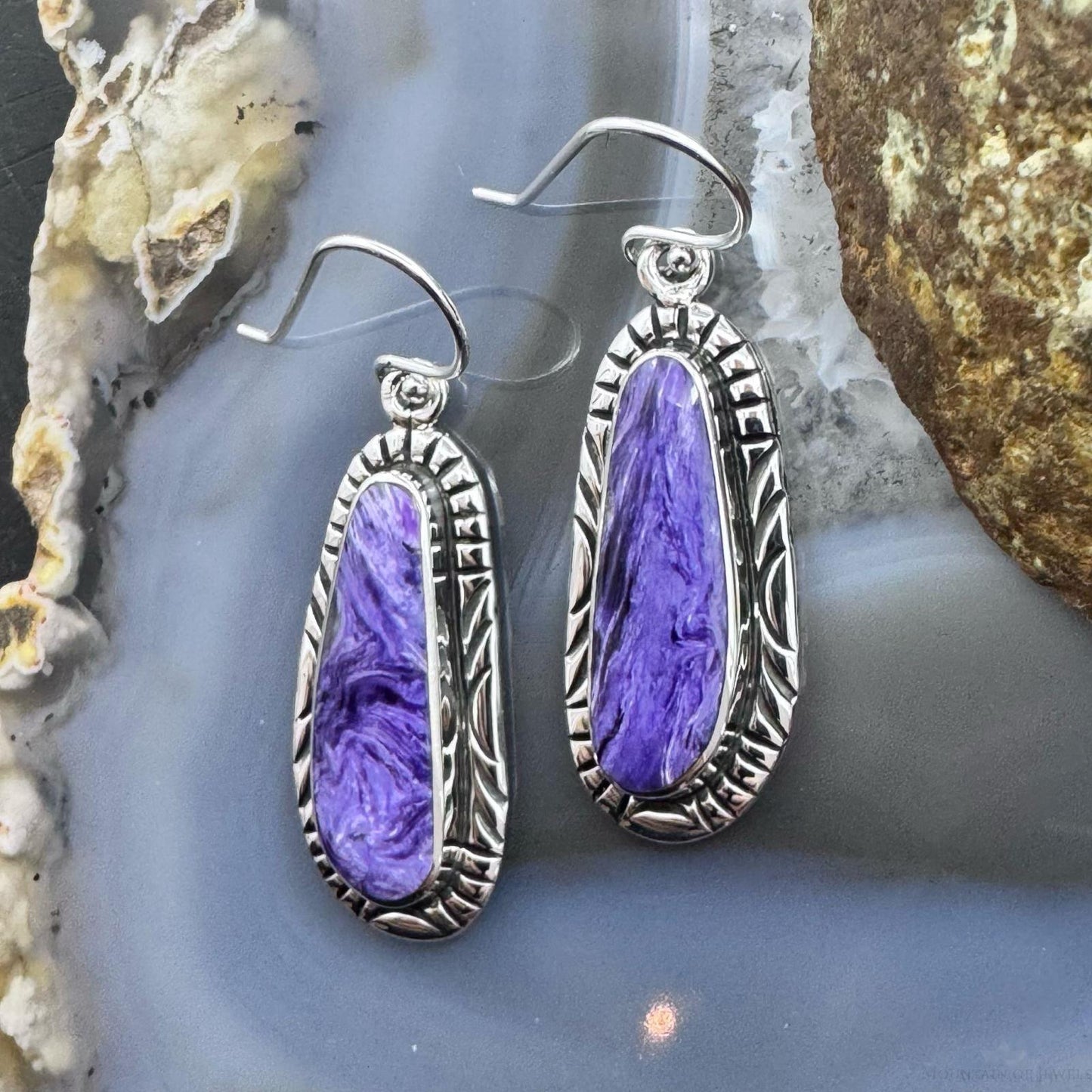 Native American Sterling Silver Charoite Decorated Dangle Earrings For Women