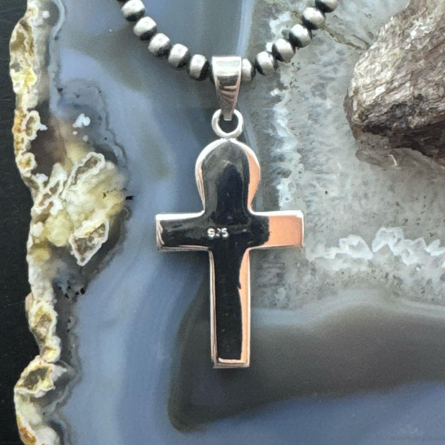 Sterling Silver Southwestern Style Onyx Inlay Unisex Cross Pendant