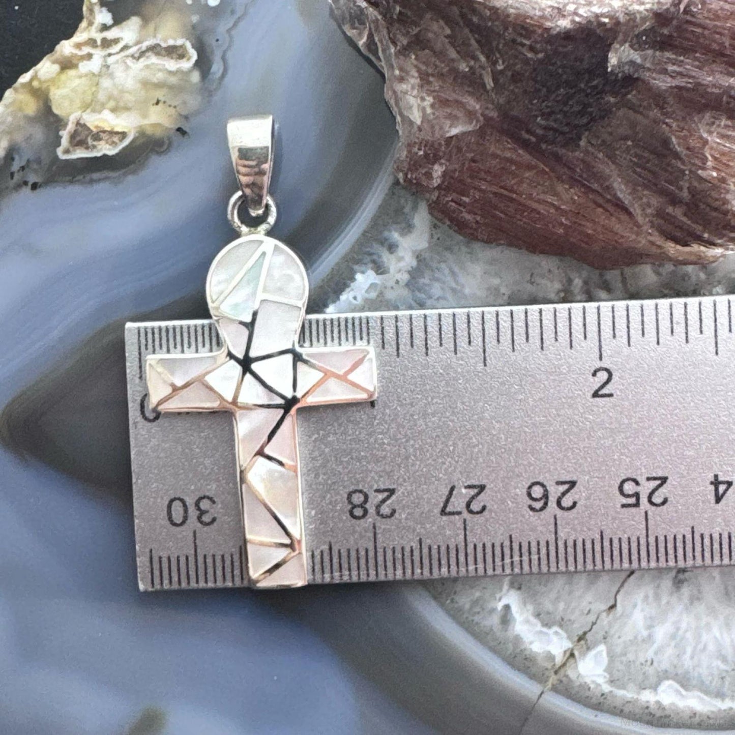 Sterling Silver Southwestern Style Mother of Pearl Inlay Unisex Cross Pendant