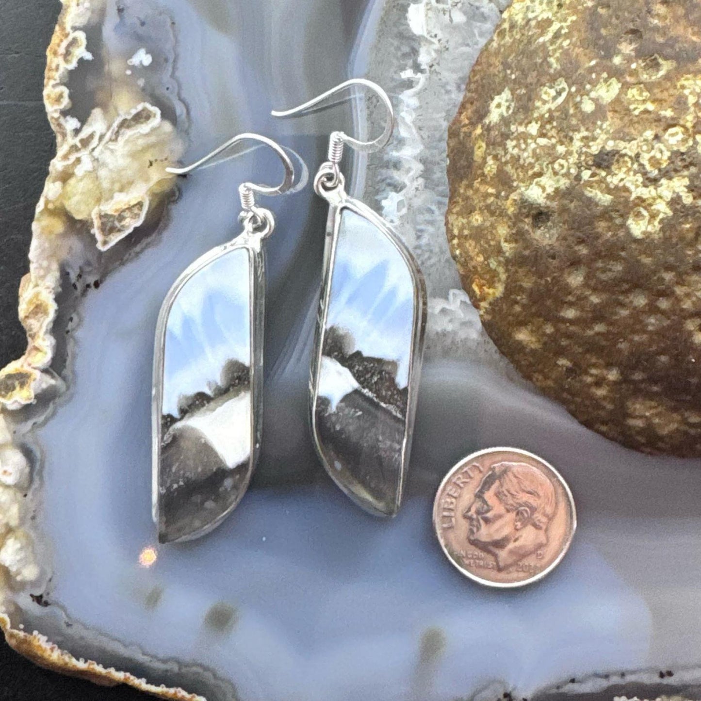 Sterling Silver Southwestern Style Tilde-shape Blue Opal Agate Dangle Earrings For Women