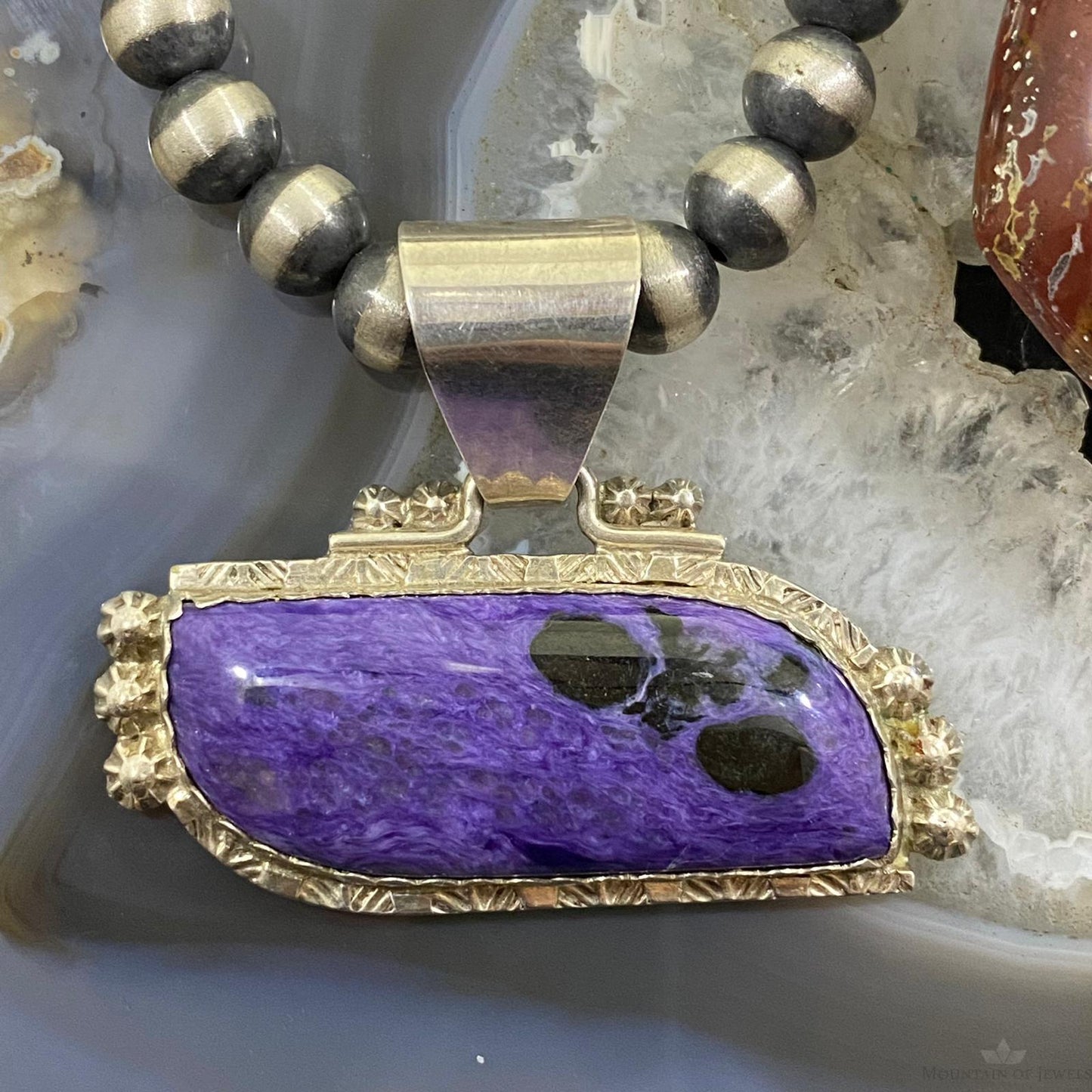 Romancito Native American Sterling Silver Charoite Decorated Pendant For Women