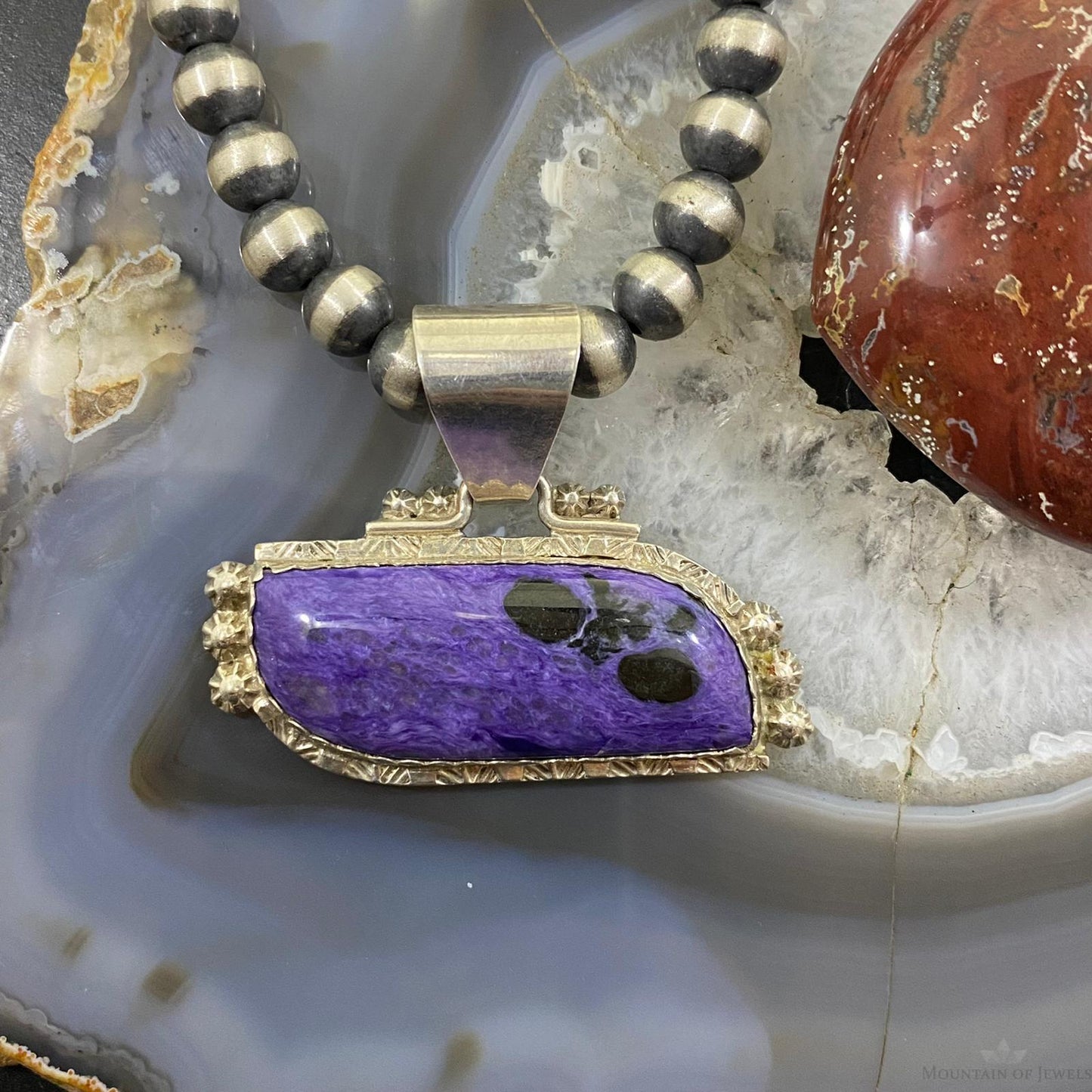 Romancito Native American Sterling Silver Charoite Decorated Pendant For Women