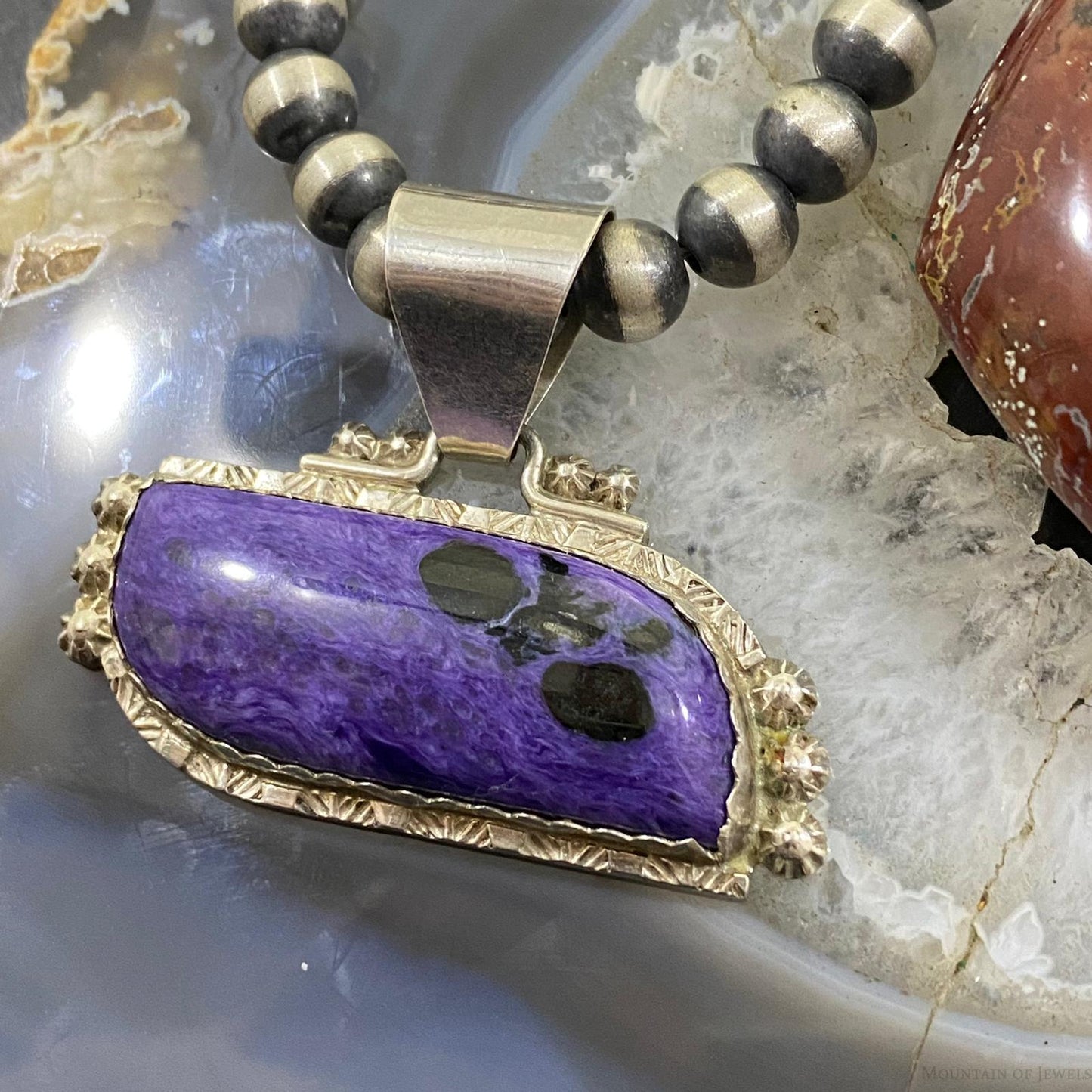 Romancito Native American Sterling Silver Charoite Decorated Pendant For Women