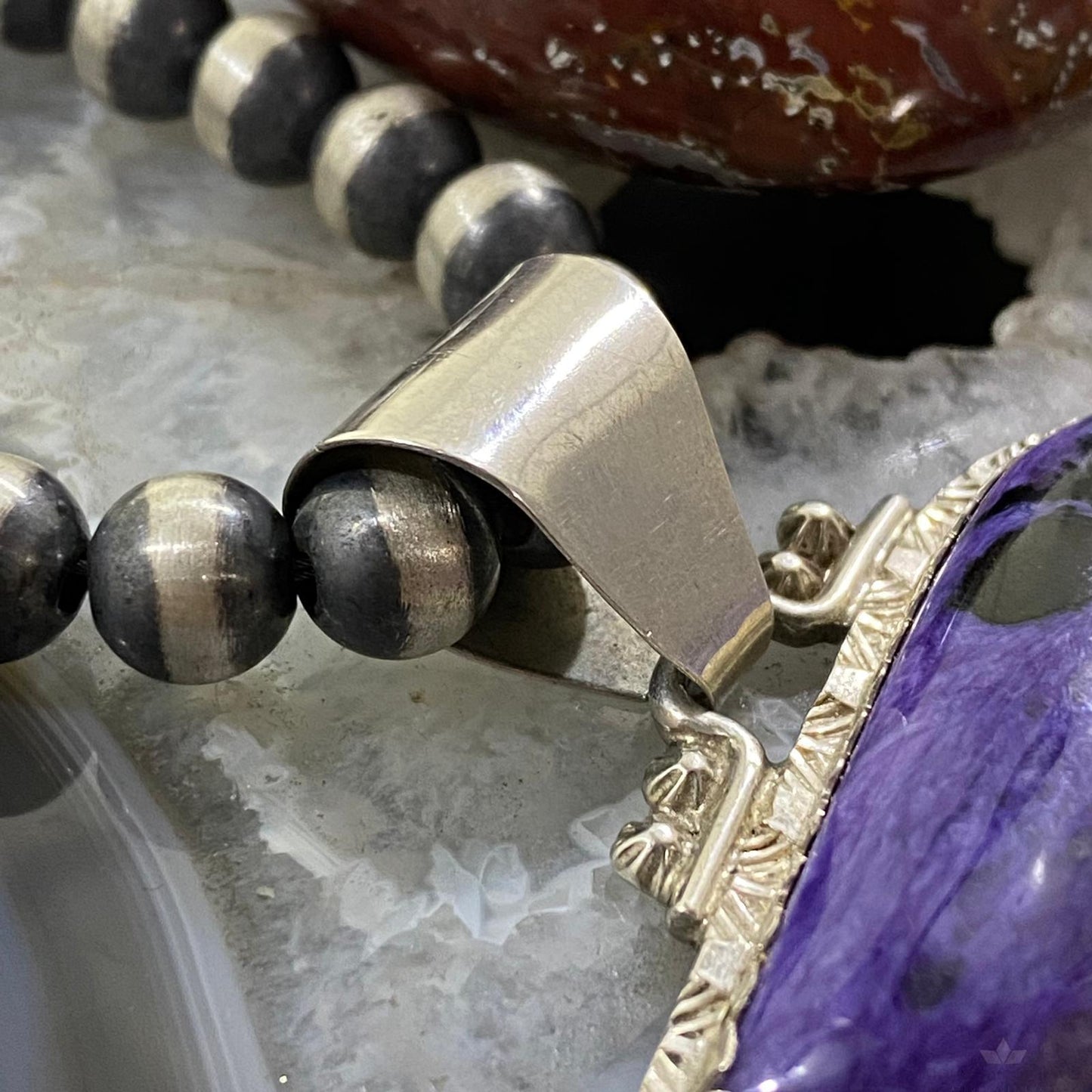 Romancito Native American Sterling Silver Charoite Decorated Pendant For Women