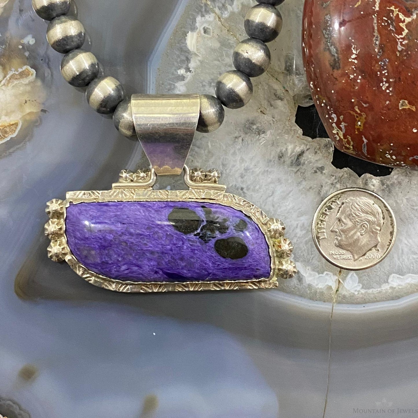 Romancito Native American Sterling Silver Charoite Decorated Pendant For Women