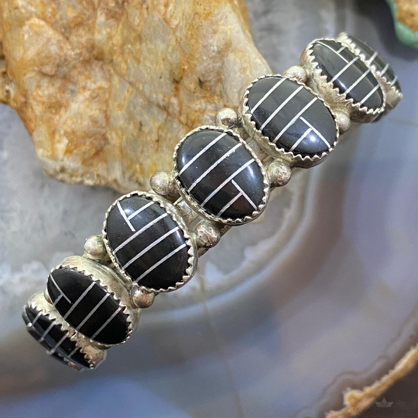 Vintage Native American Sterling Silver Channel Inlay Oval Onyx Bracelet