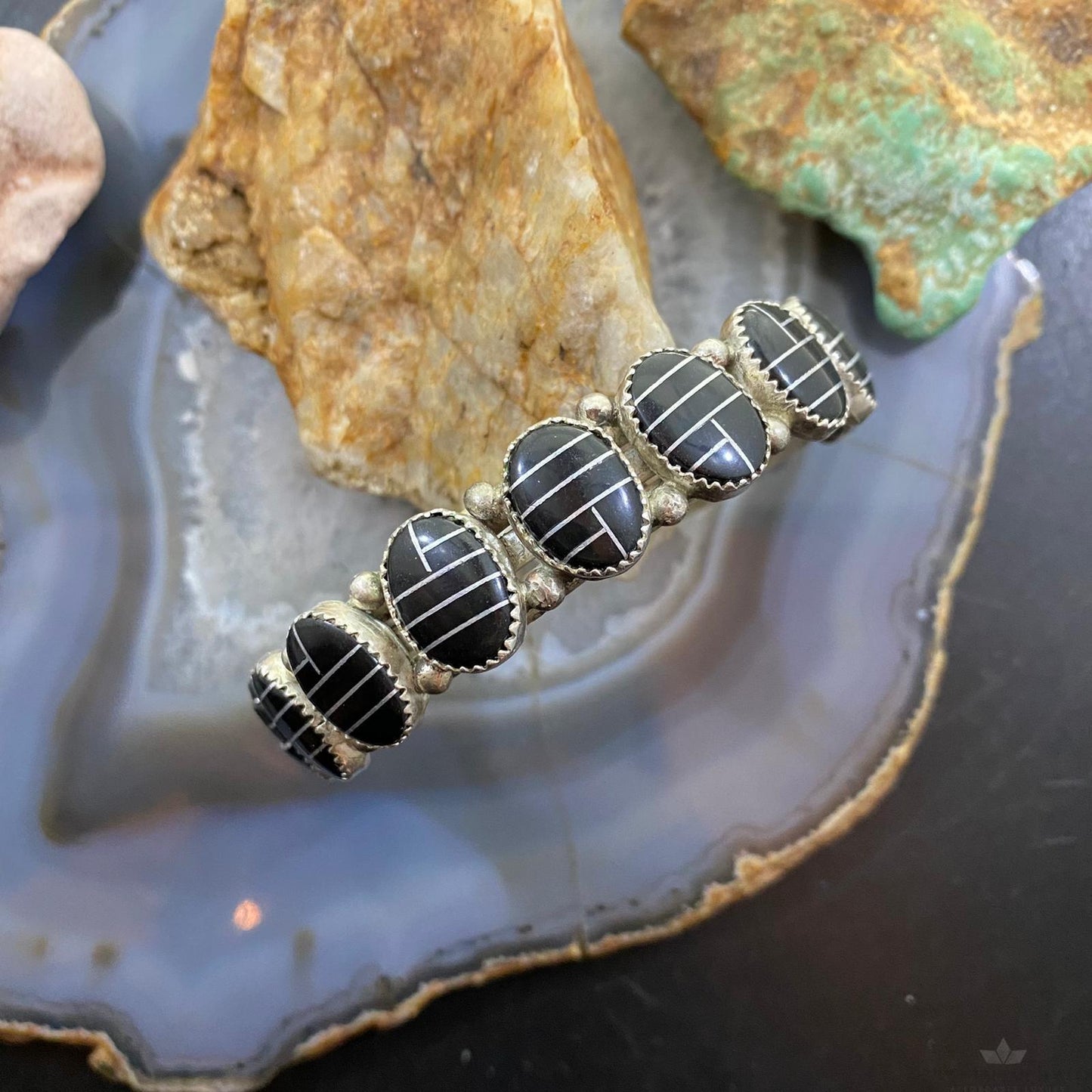 Vintage Native American Sterling Silver Channel Inlay Oval Onyx Bracelet