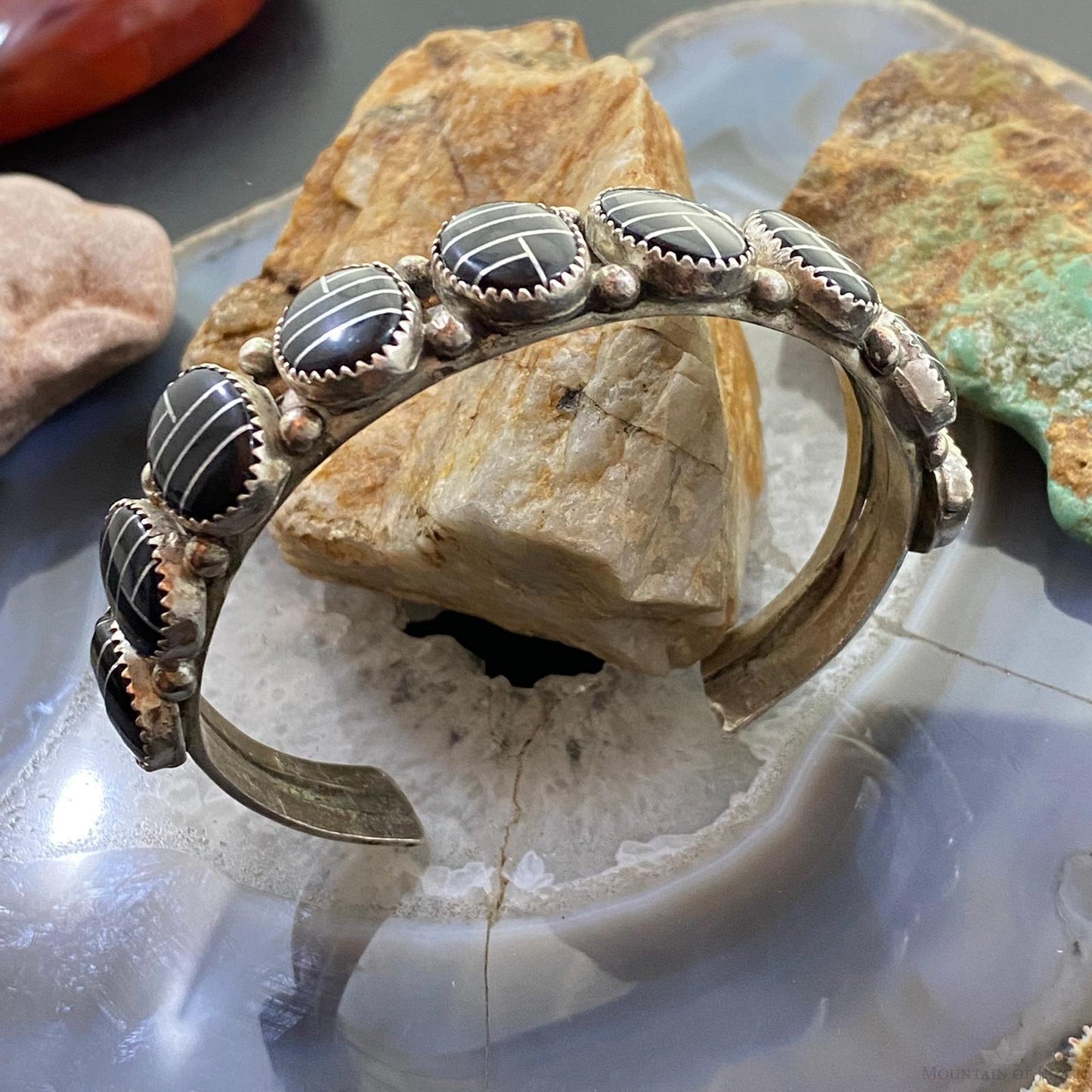 Vintage Native American Sterling Silver Channel Inlay Oval Onyx Bracelet