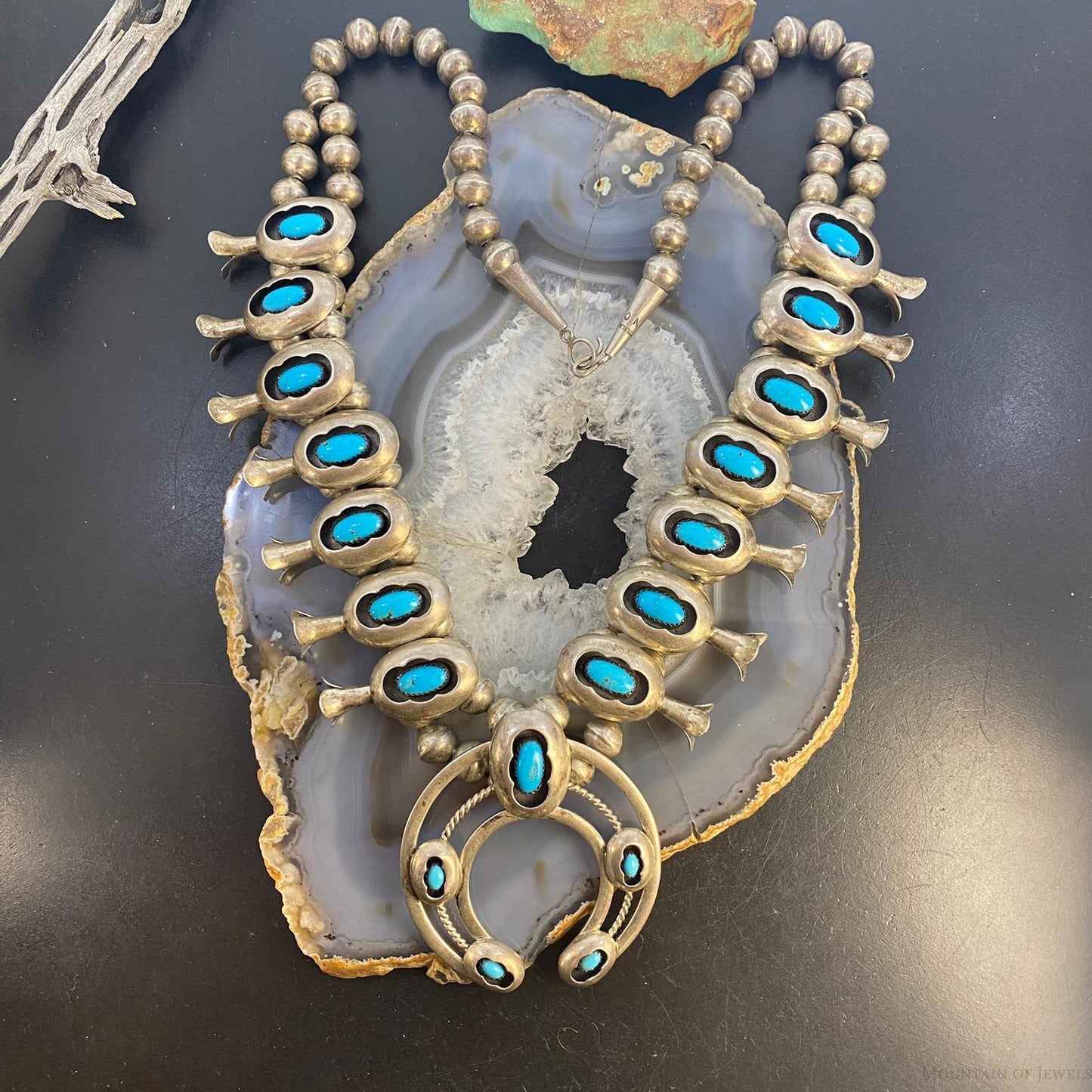 Vintage Signed Native American Sterling Shadow Box Turquoise Squash Blossom