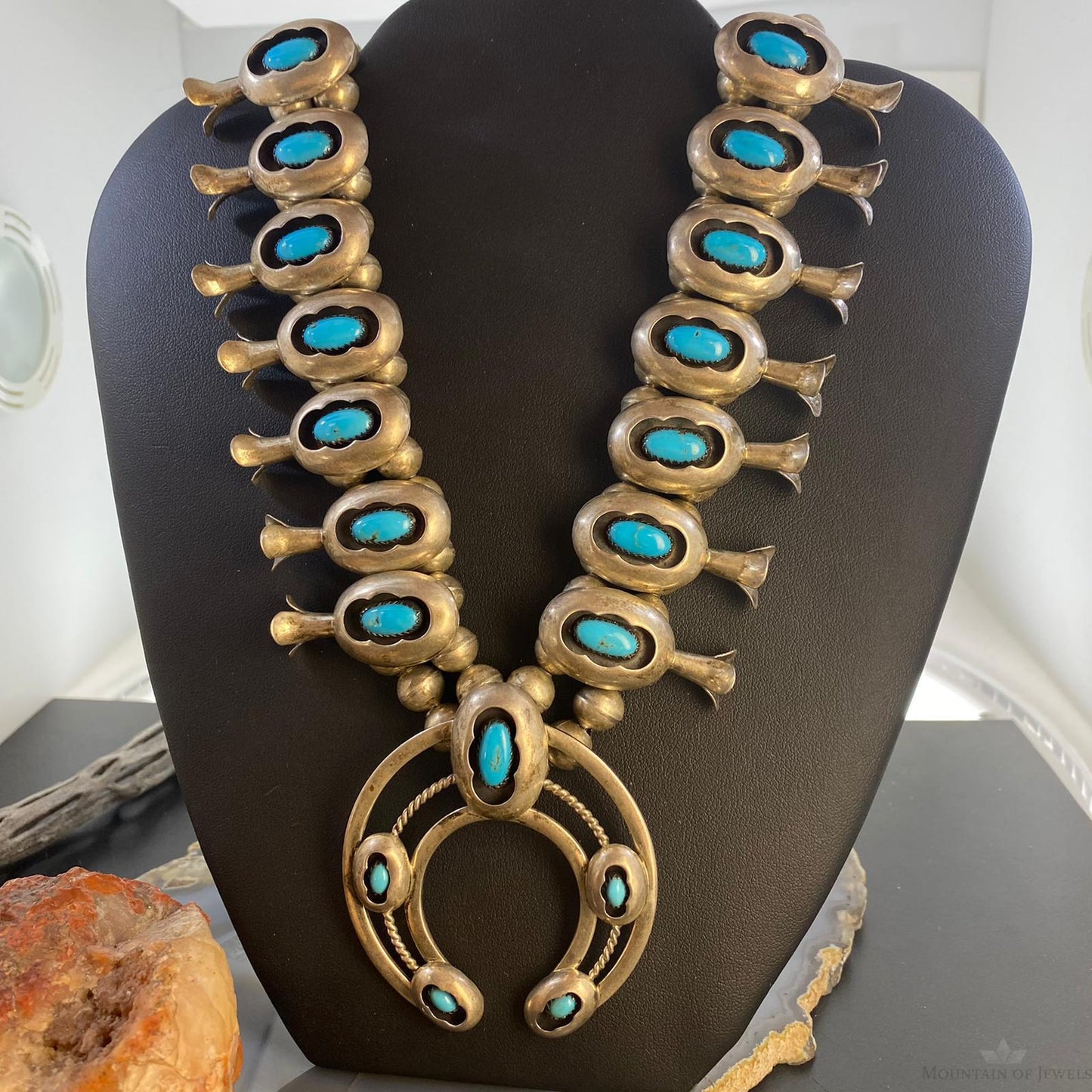 Vintage Signed Native American Sterling Shadow Box Turquoise Squash Blossom