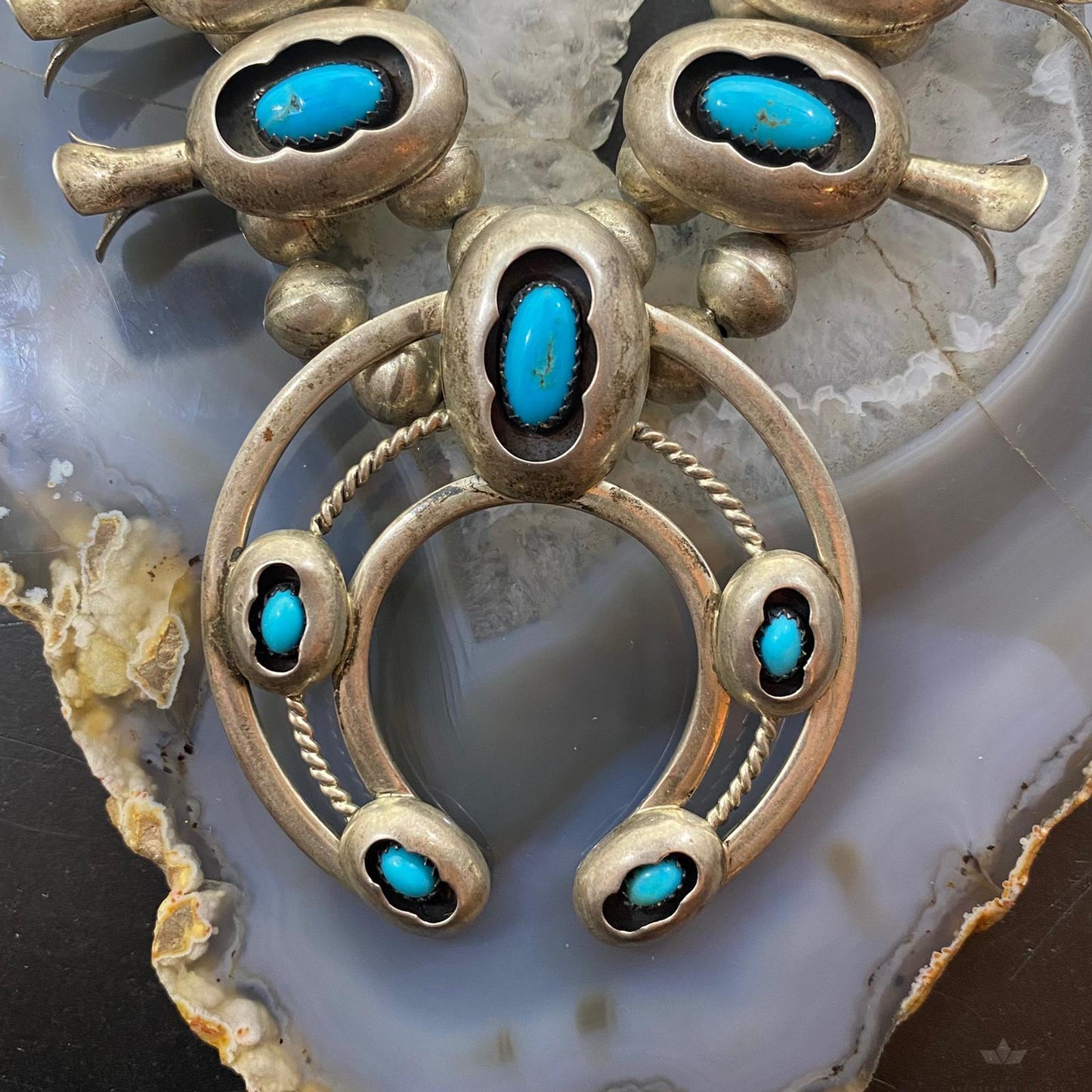 Vintage Signed Native American Sterling Shadow Box Turquoise Squash Blossom