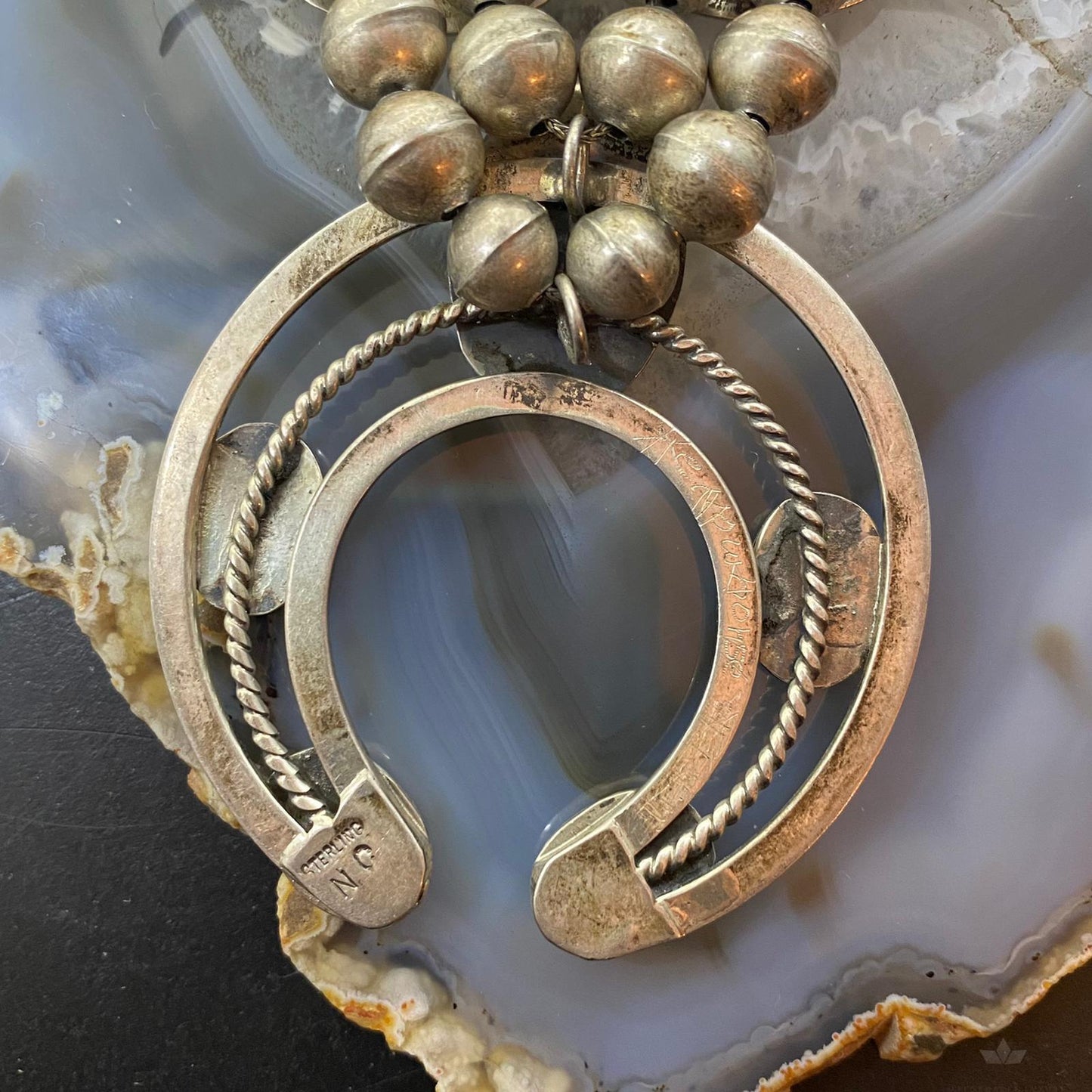 Vintage Signed Native American Sterling Shadow Box Turquoise Squash Blossom