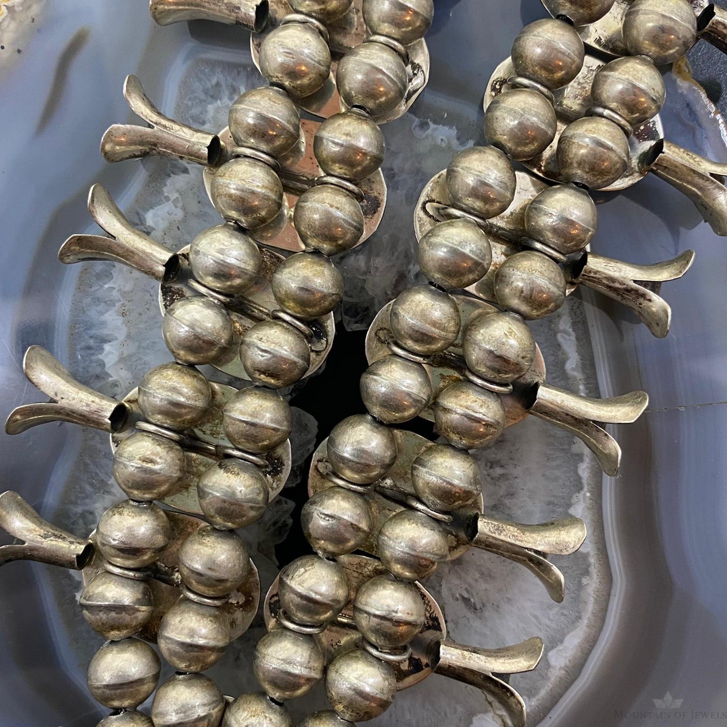 Vintage Signed Native American Sterling Shadow Box Turquoise Squash Blossom