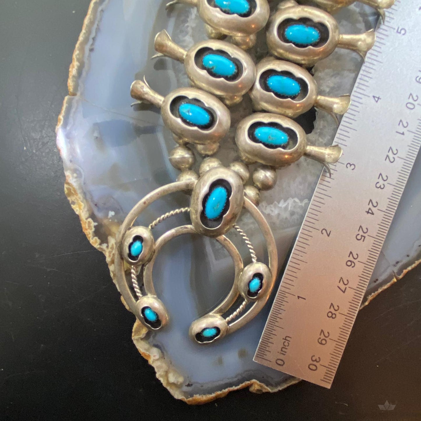 Vintage Signed Native American Sterling Shadow Box Turquoise Squash Blossom