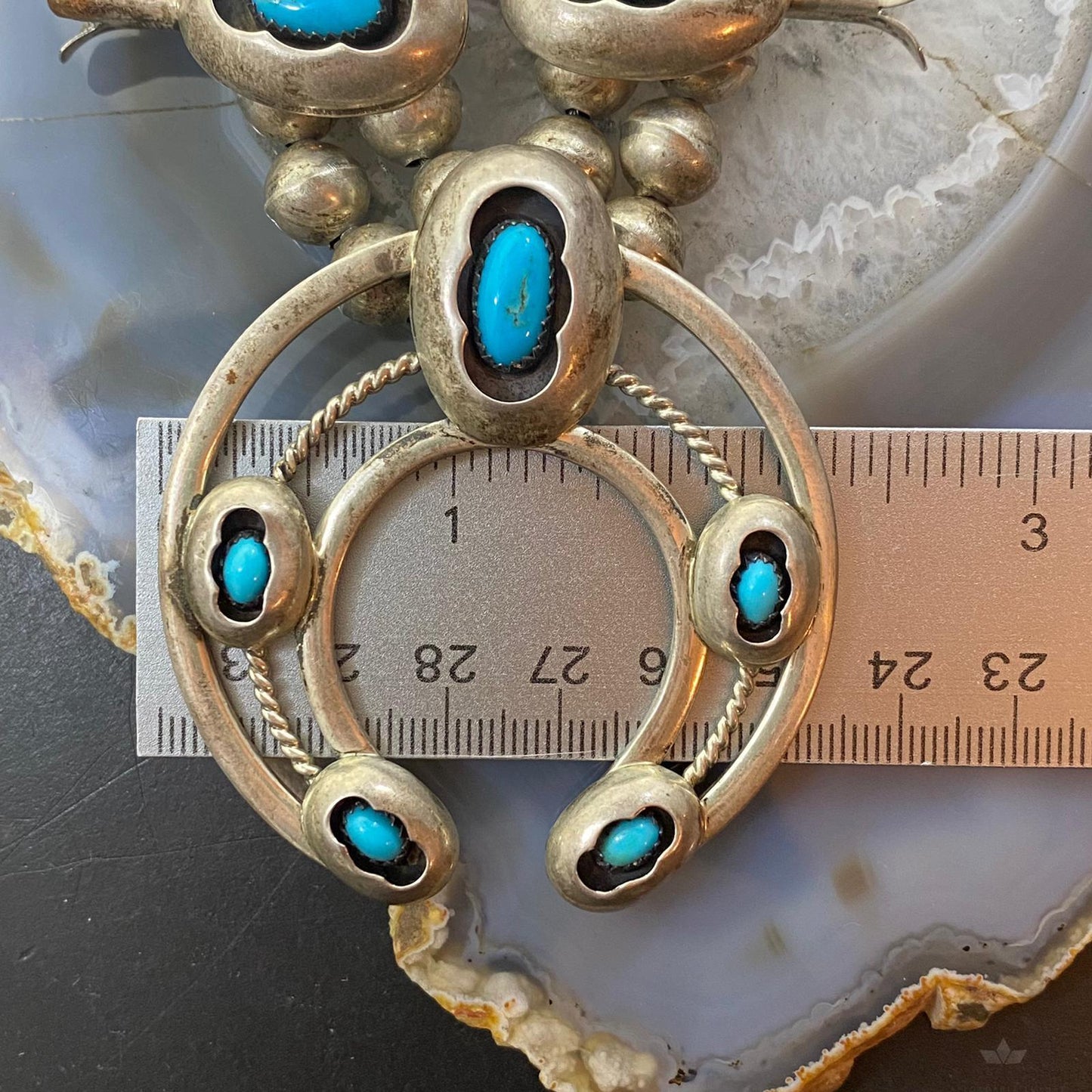 Vintage Signed Native American Sterling Shadow Box Turquoise Squash Blossom