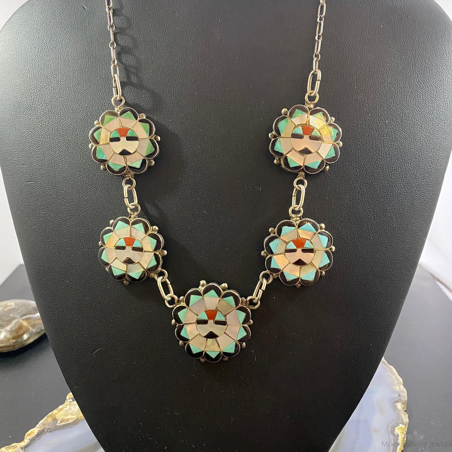 Deane Qualo Zuni Vintage Silver Multistone Inlay Sunfaces 19" Necklace For Women