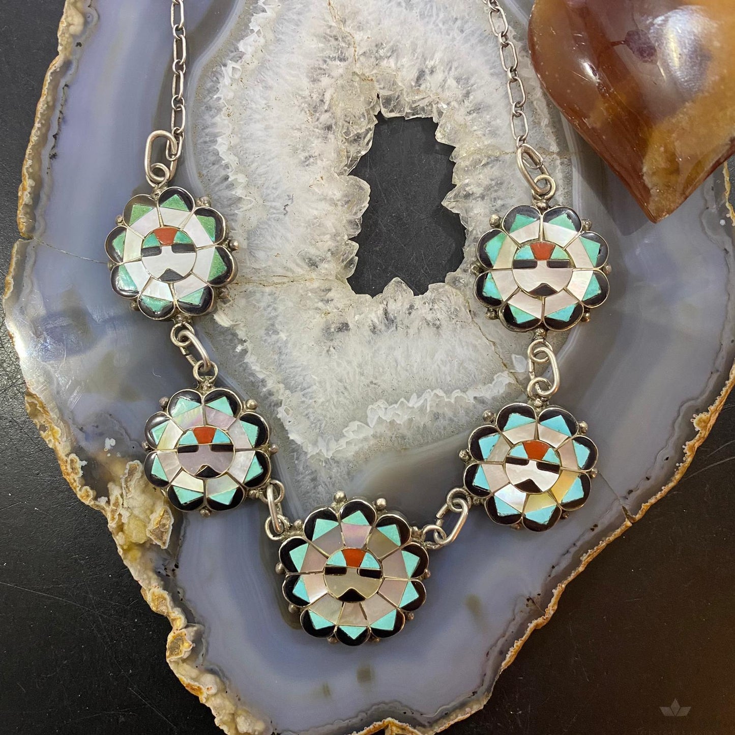 Deane Qualo Zuni Vintage Silver Multistone Inlay Sunfaces 19" Necklace For Women