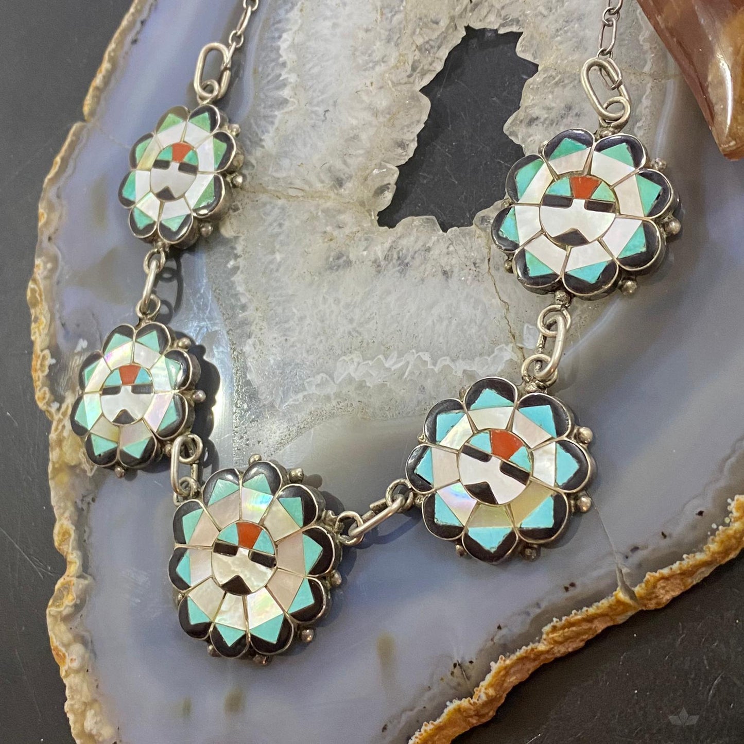 Deane Qualo Zuni Vintage Silver Multistone Inlay Sunfaces 19" Necklace For Women