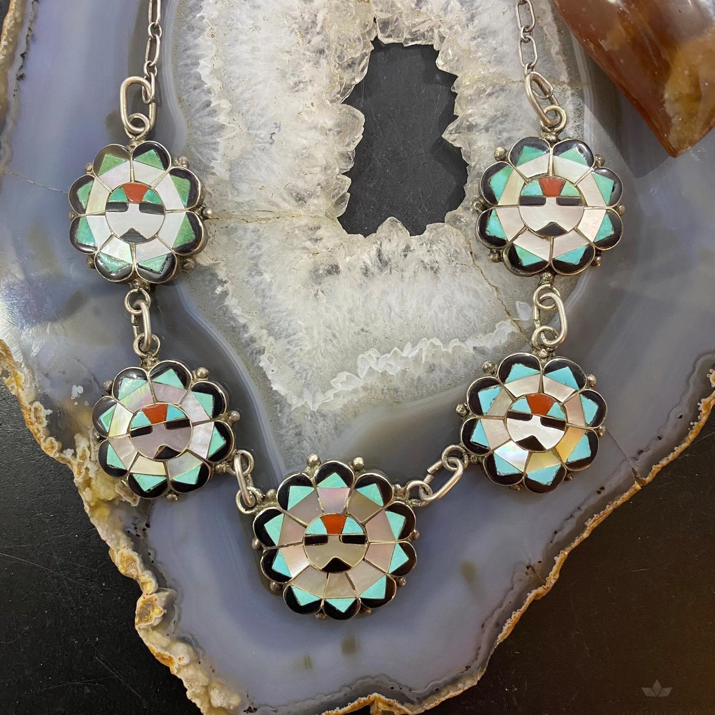 Deane Qualo Zuni Vintage Silver Multistone Inlay Sunfaces 19" Necklace For Women