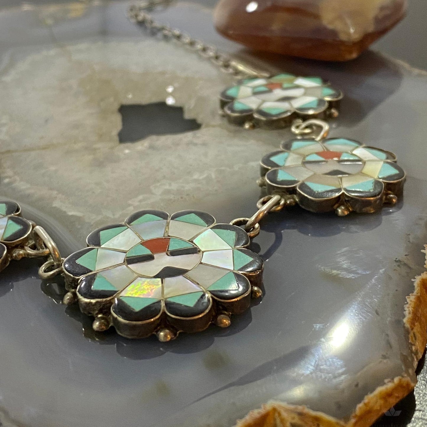Deane Qualo Zuni Vintage Silver Multistone Inlay Sunfaces 19" Necklace For Women