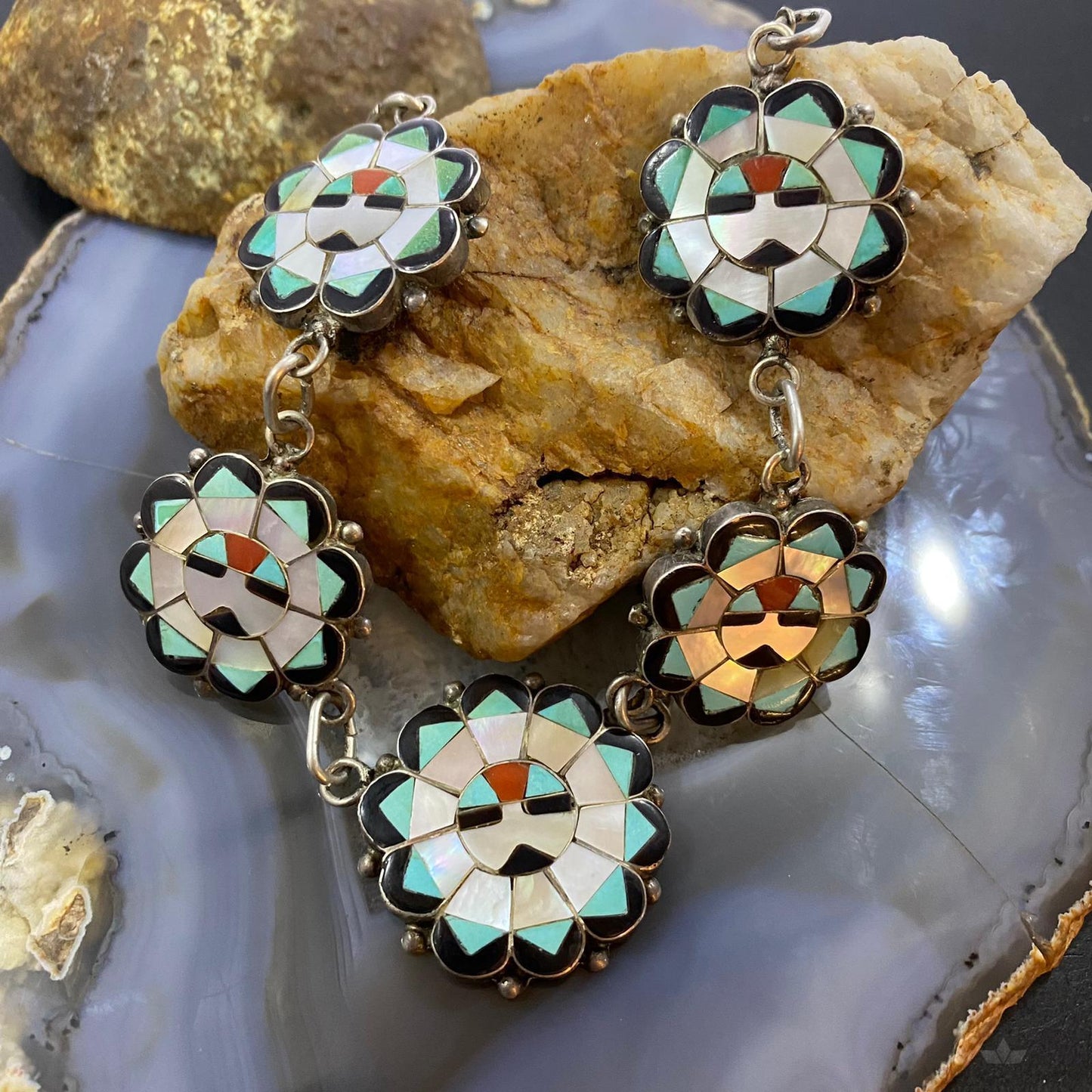 Deane Qualo Zuni Vintage Silver Multistone Inlay Sunfaces 19" Necklace For Women